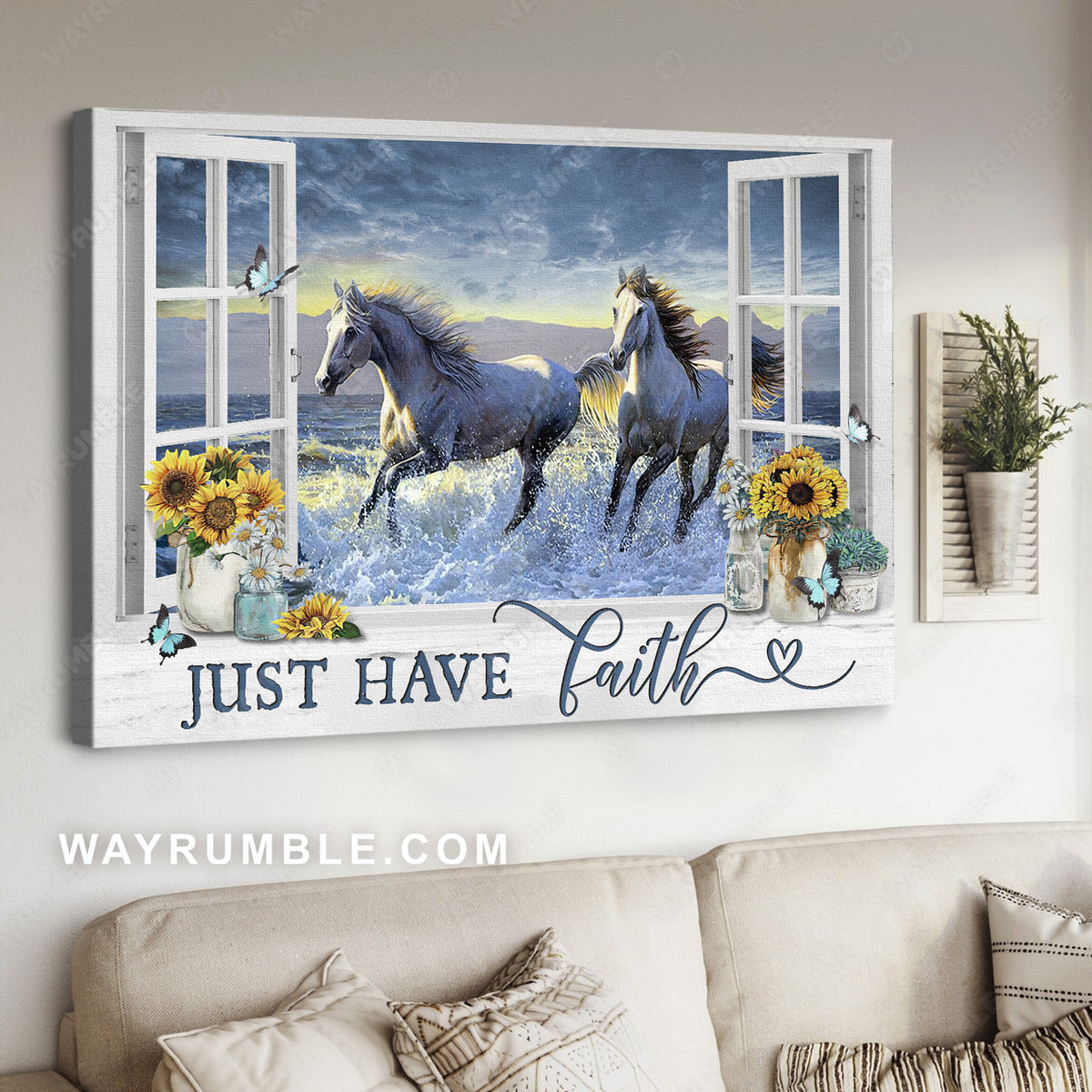 Stunning horses, Amazing ocean, Walking on water, Just have faith - Jesus Landscape Canvas Prints, Home Decor Wall Art