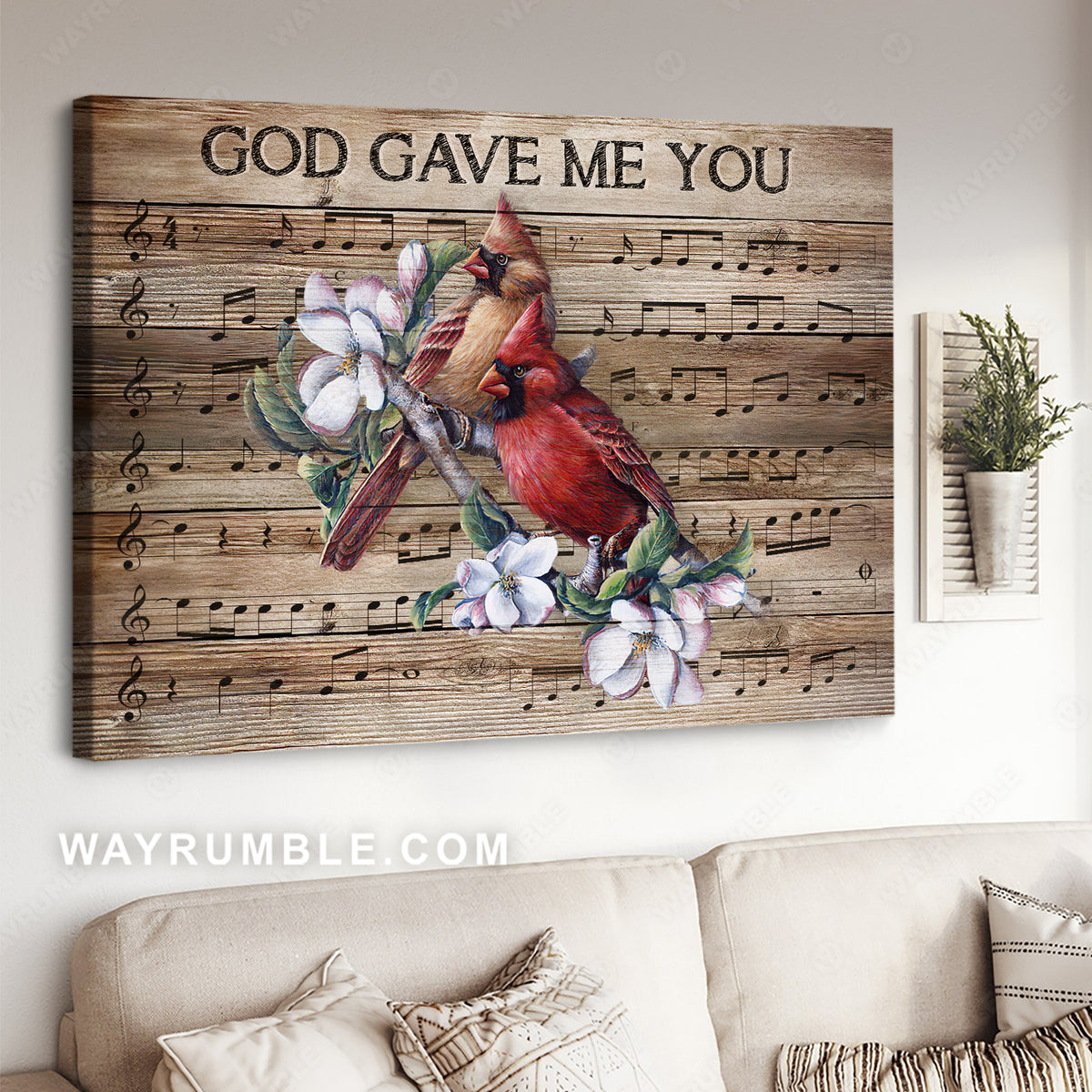 Pretty cardinal, Old music sheet, White flower, God gave me you - Jesus Landscape Canvas Prints, Christian Wall Art