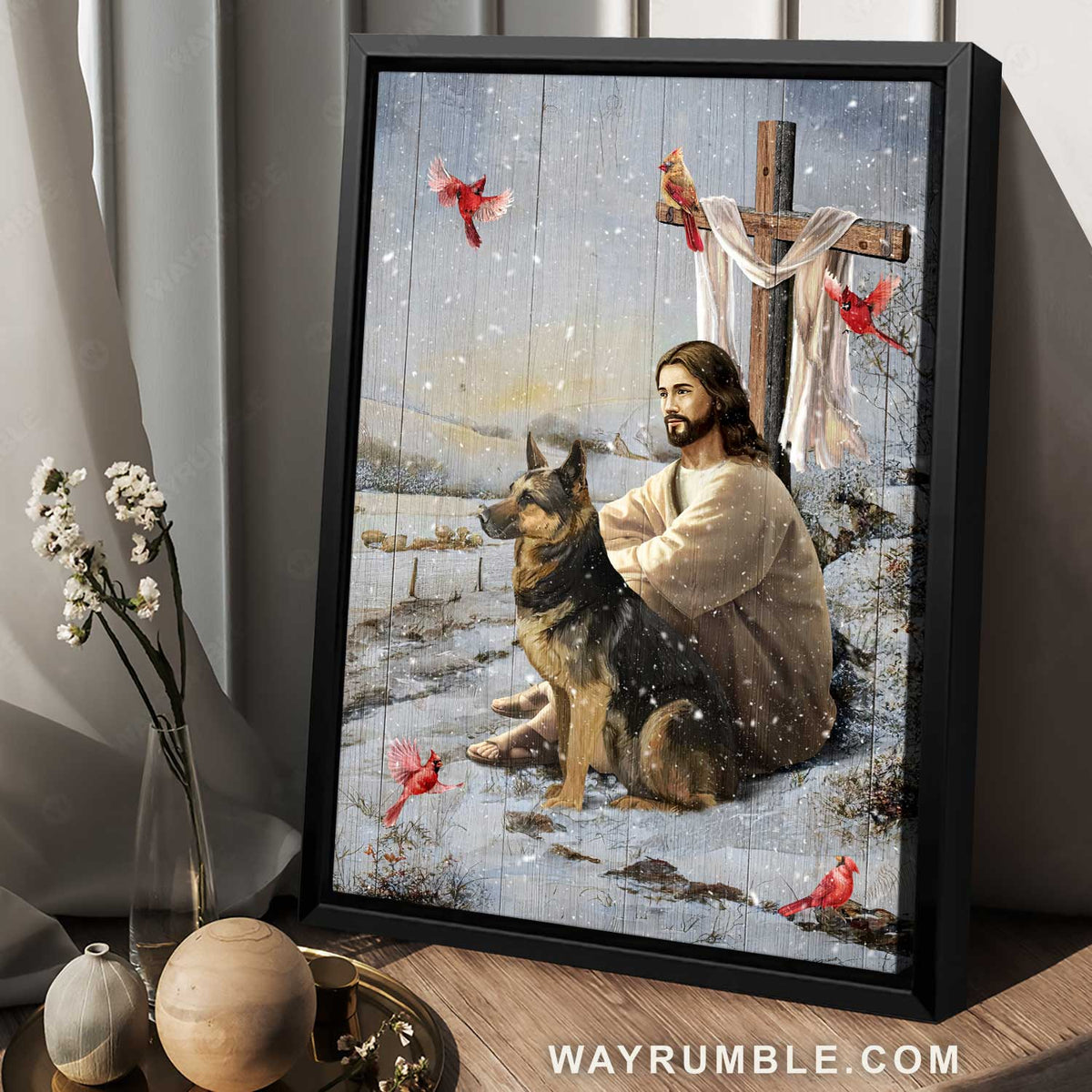 Amazing German Shepherd dog, Walking with Jesus, Wooden cross - Jesus Portrait Canvas Prints, Home Decor Wall Art