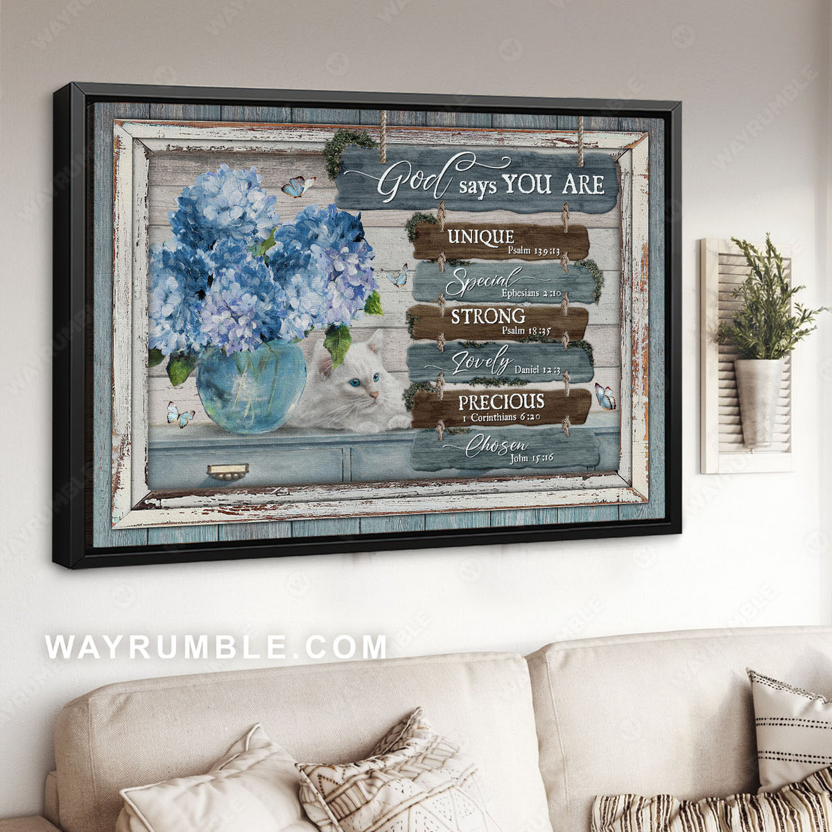 Pretty blue hydrangeas, White cat, God says you are unique - Jesus Landscape Canvas Prints, Christian Wall Art