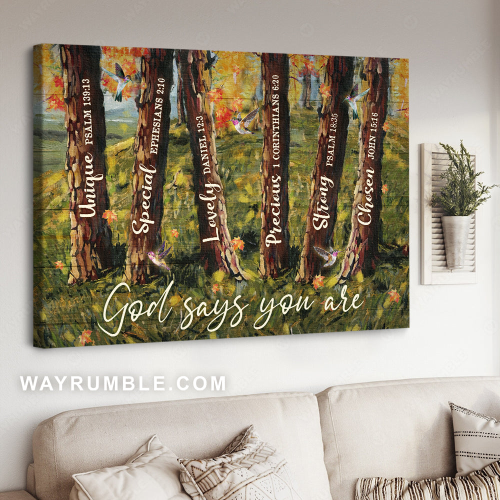 Green forest, Oldest tree, Colorful hummingbird, God says you are unique - Jesus Landscape Canvas Prints, Christian Wall Art