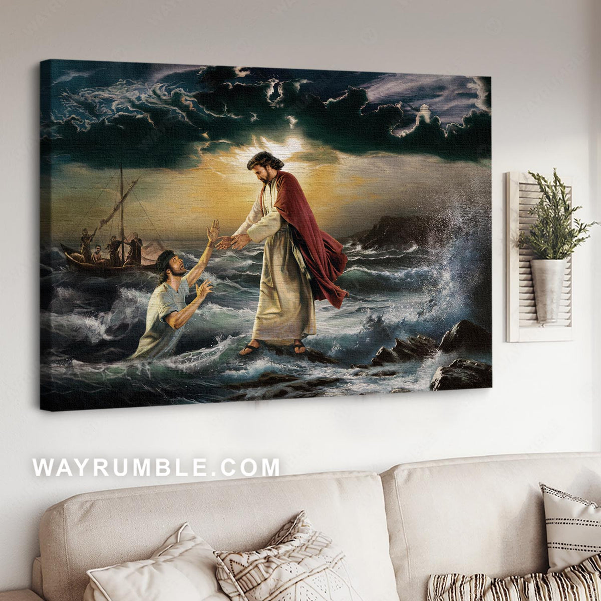 Jesus drawing, Strong storm ocean, God holds your hand - Jesus Landscape Canvas Prints, Christian Wall Art