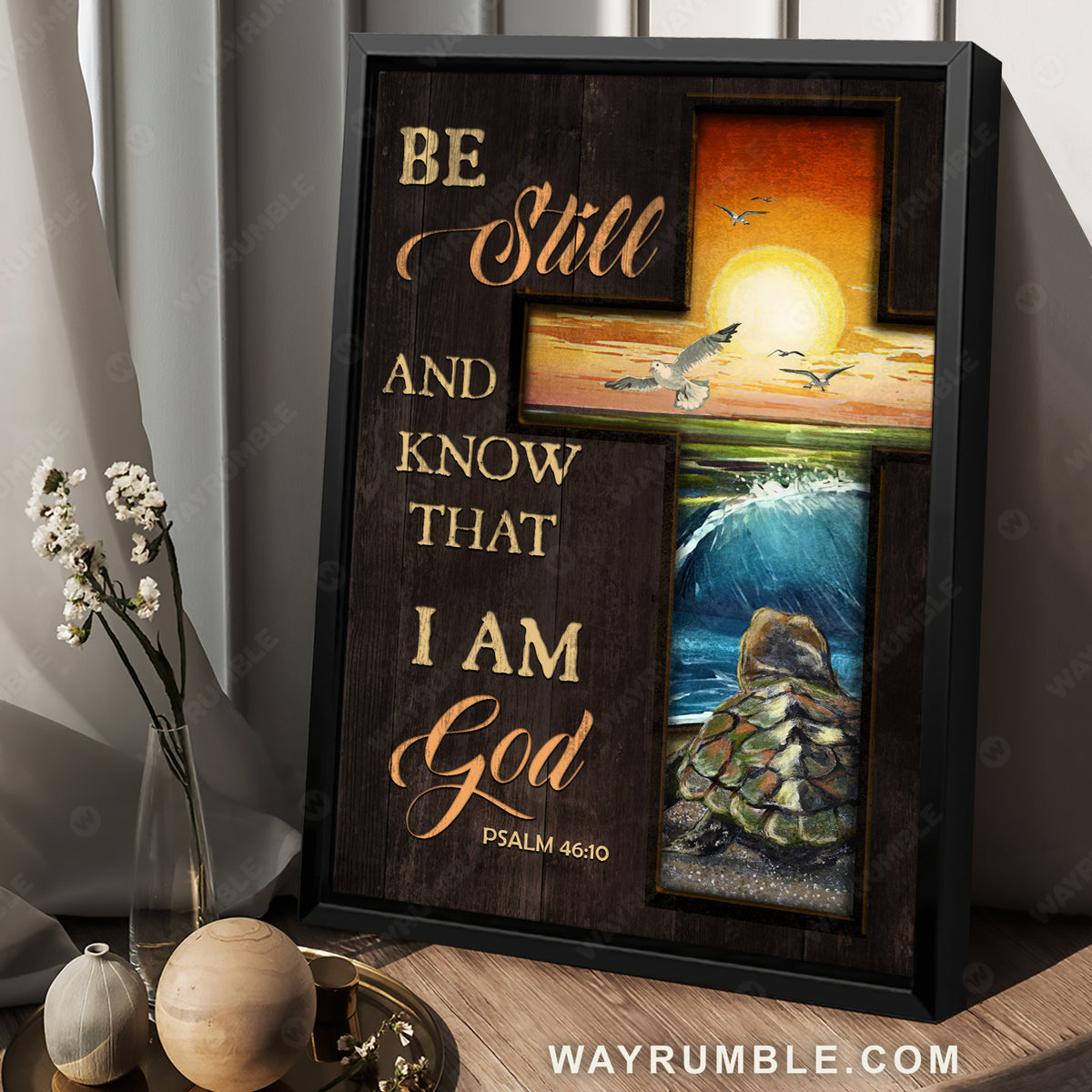 Beautiful cross, Orange sunset, Turtle, Seagull, Be still and know that I am God - Jesus Portrait Canvas Prints, Christian Wall Art