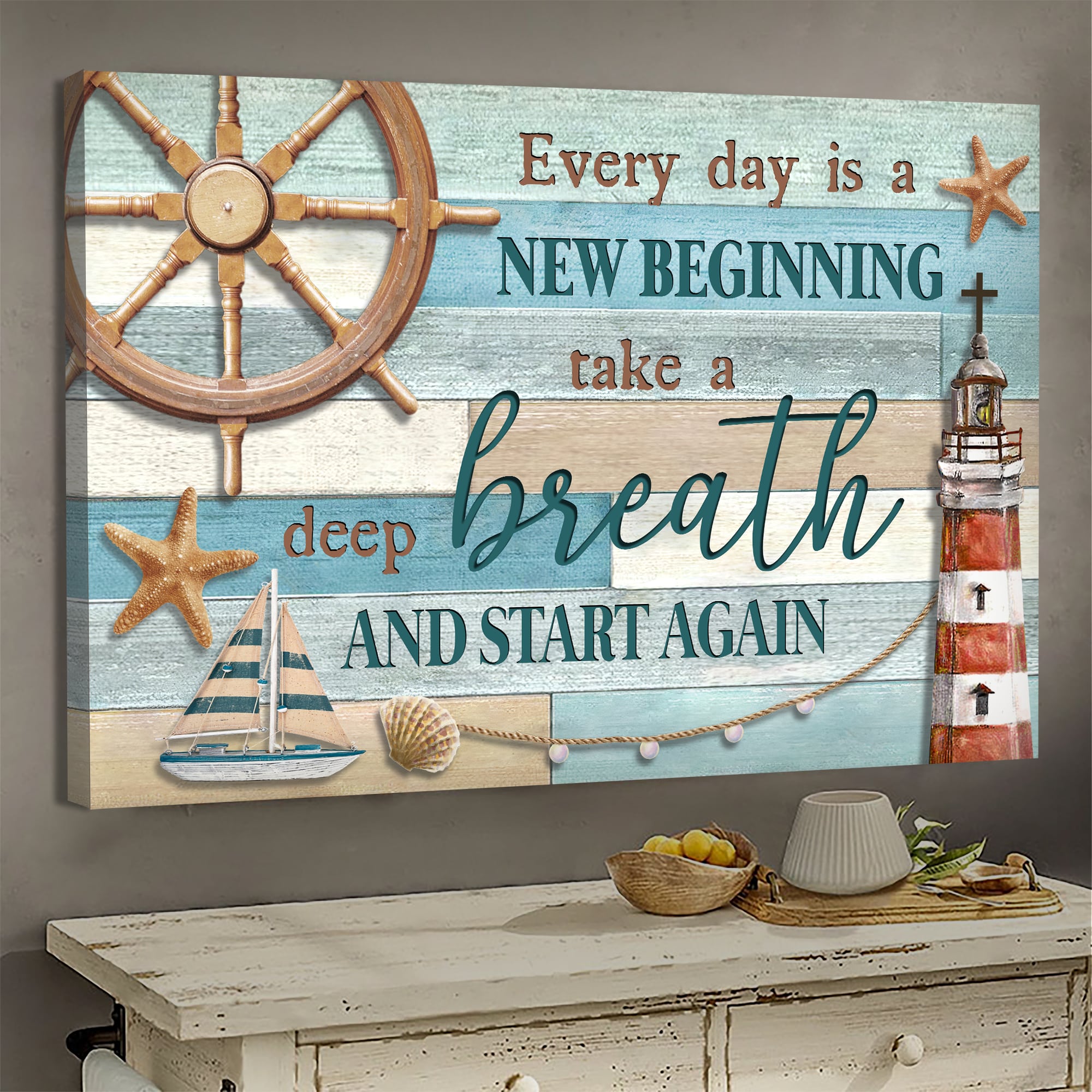 Lighthouse, Helm, Boat, Every day is a new beginning - Jesus Landscape Canvas Prints, Wall Art