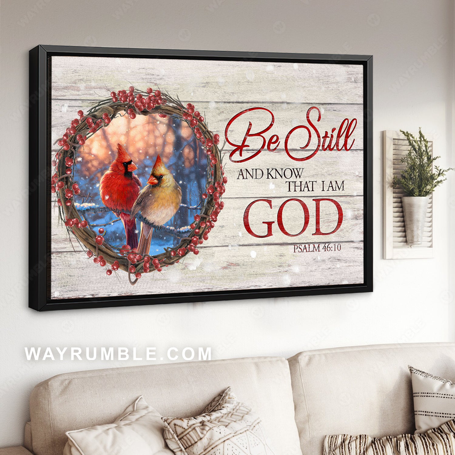 Cranberry wreath, Cardinal drawing, Blue forest, Be still and know that I am God - Jesus Landscape Canvas Prints, Christian Wall Art