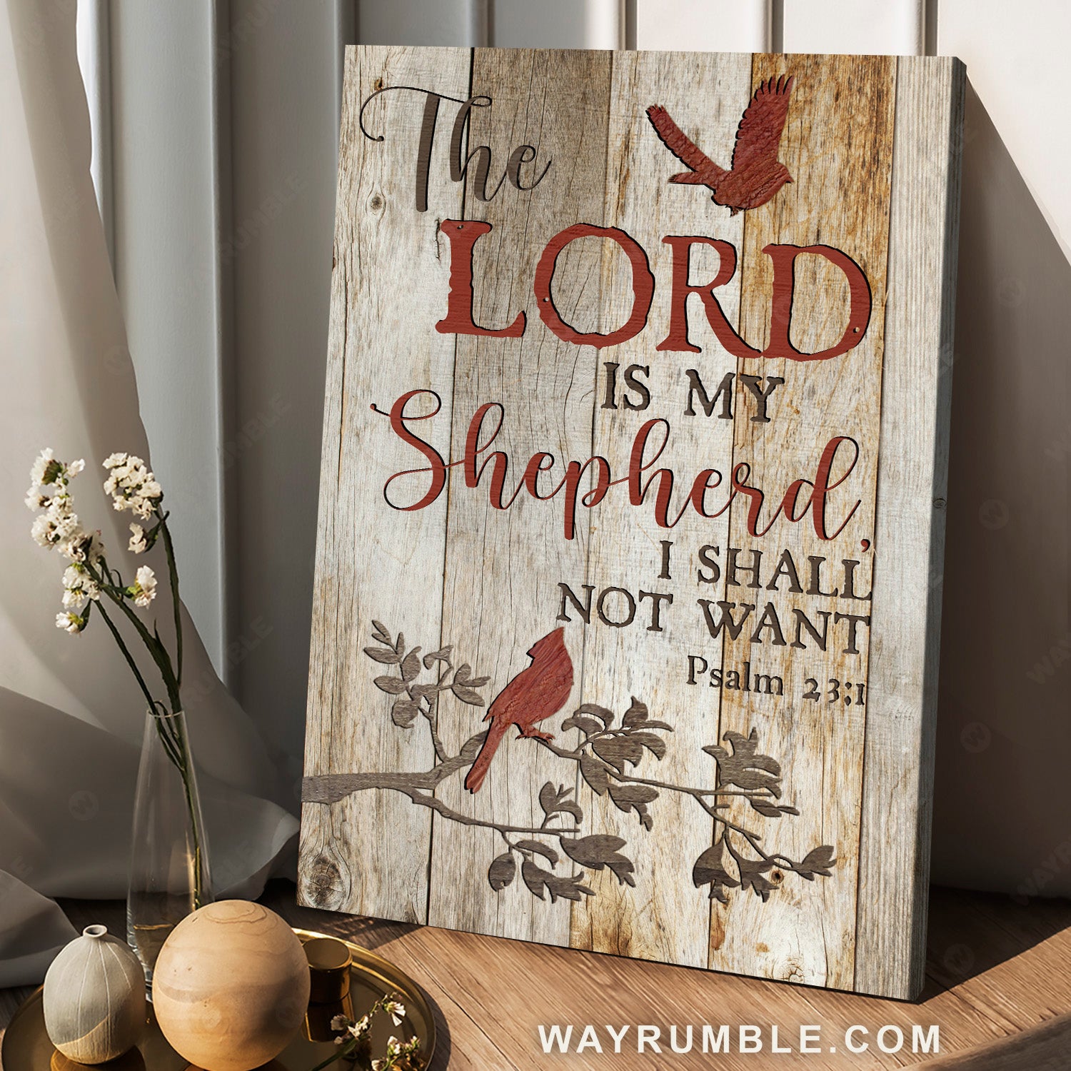 Red bird, Vintage painting, The Lord is my Shepherd - Jesus Portrait Canvas Prints, Christian Wall Art