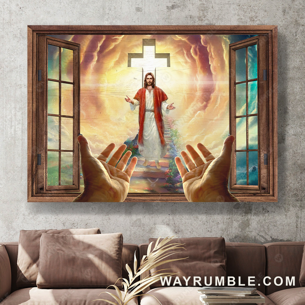 Walking with Jesus, Take my hand, Jesus painting, Cross symbol - Jesus Landscape Canvas Prints, Christian Wall Art