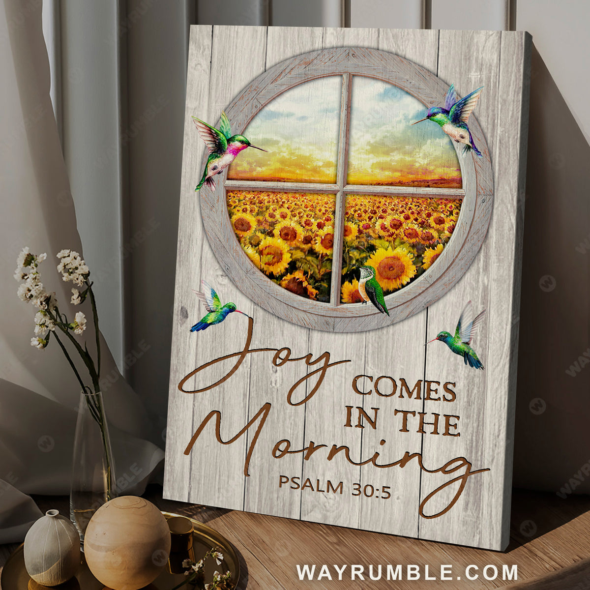 Circle mirror, Sunflower field, Hummingbird, Joy comes in the morning - Jesus Portrait Canvas Prints, Christian Wall Art