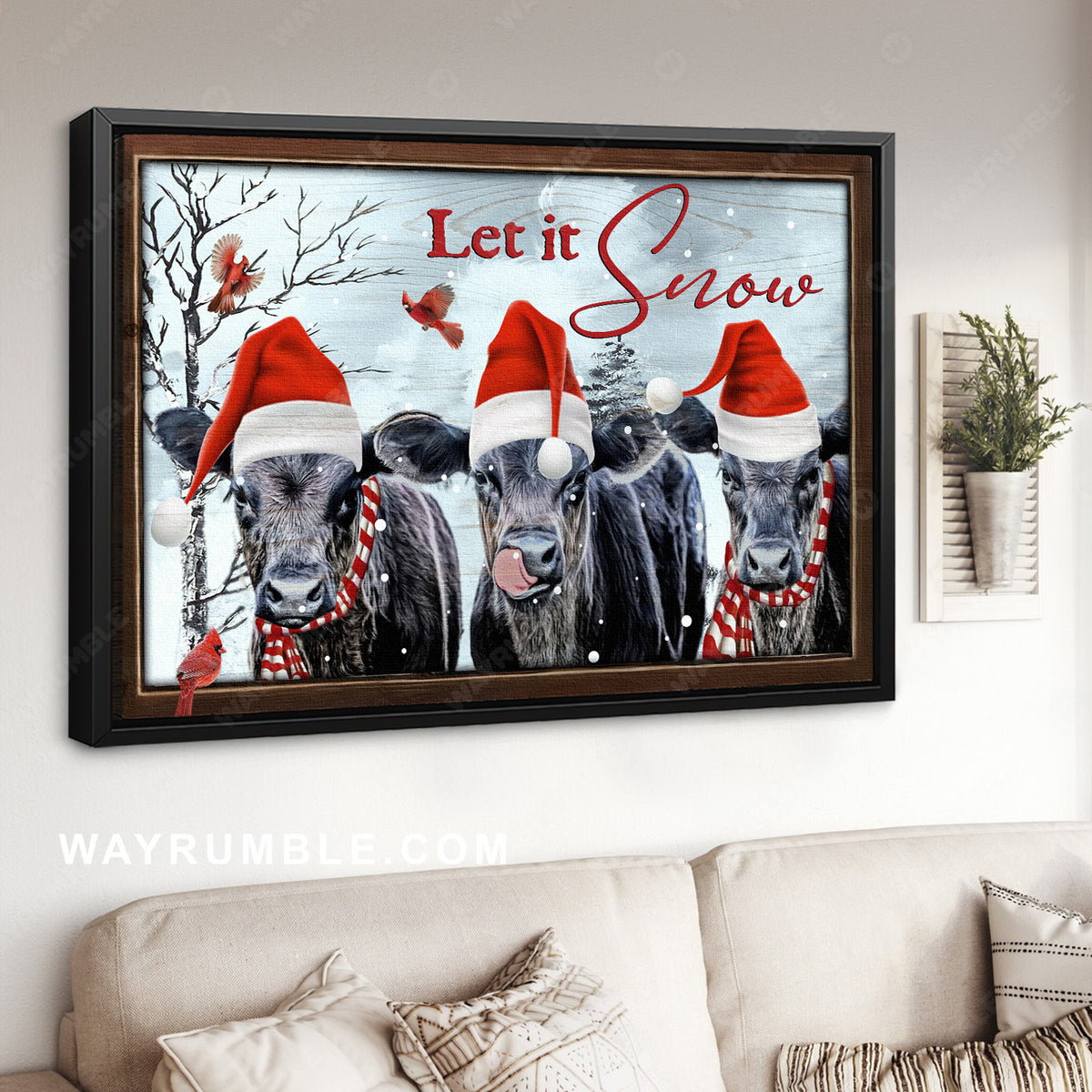 Black cow, Christmas hat, Red cardinal, Christmas painting, Let it snow - Jesus Landscape Canvas Prints, Home Decor Wall Art