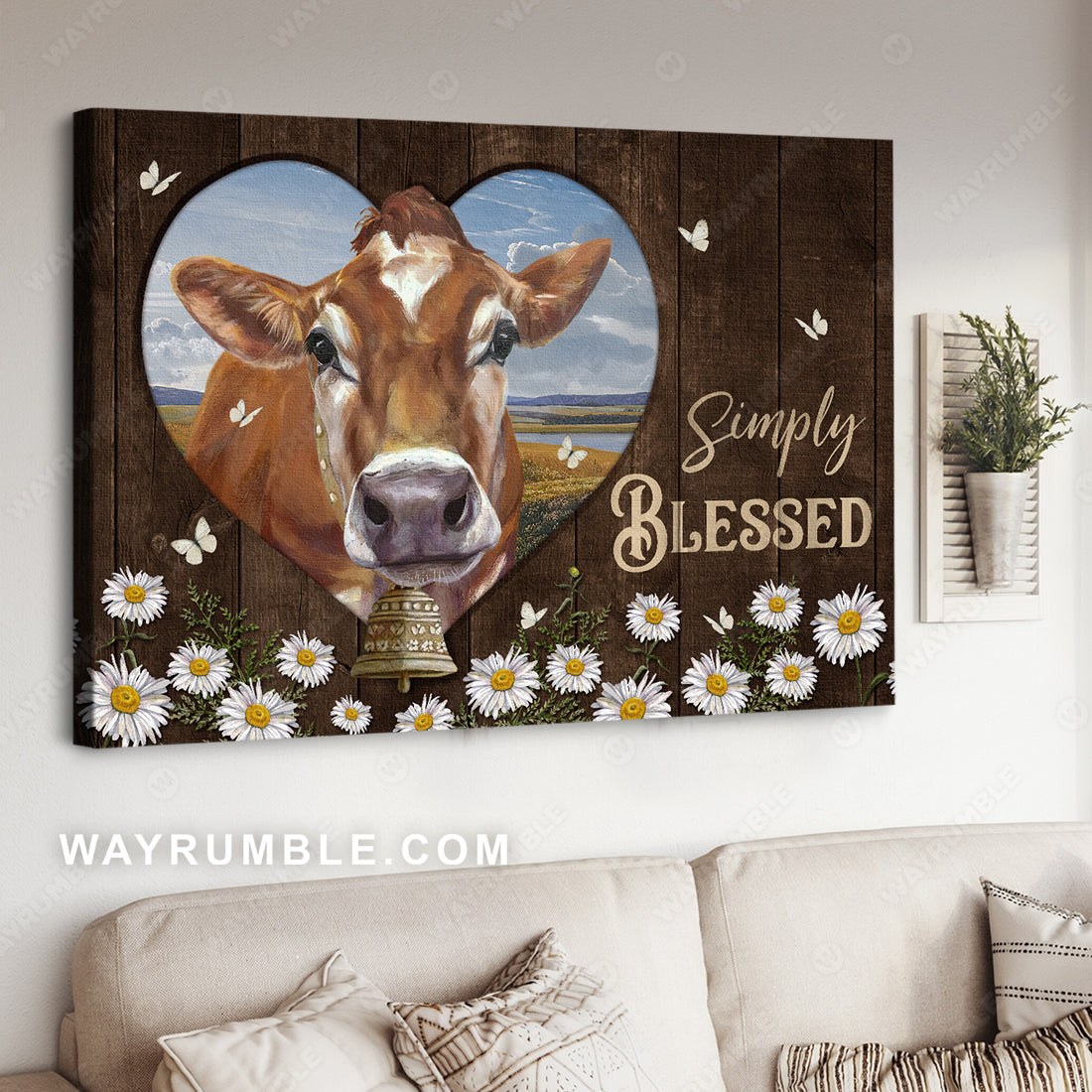 Cute cow painting, Heart shape, Daisy field, Simple blessed - Jesus Landscape Canvas Prints, Christian Wall Art