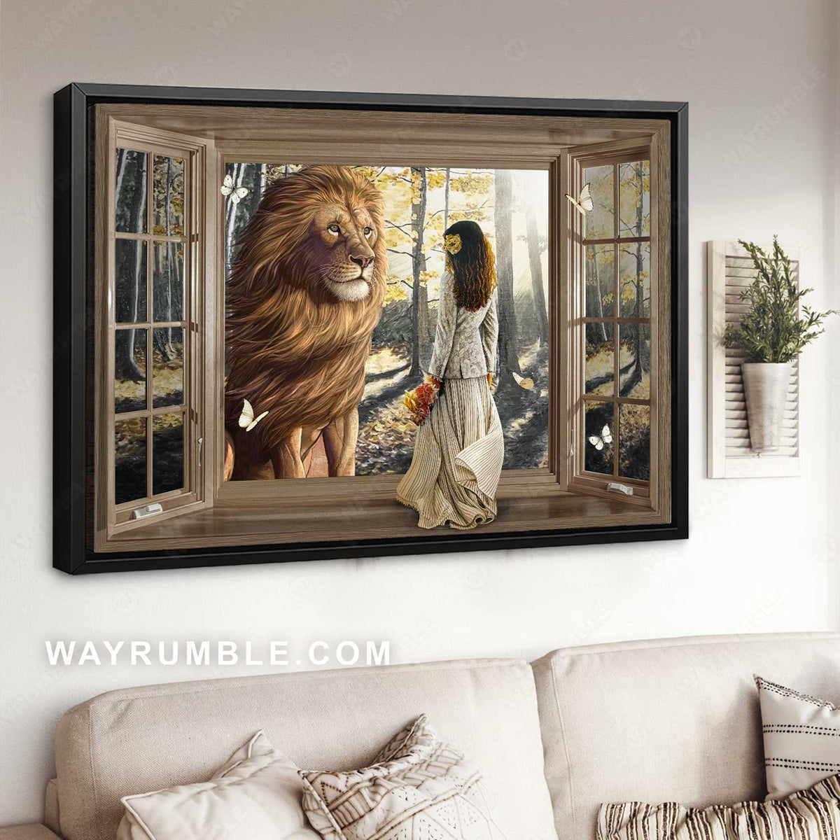 Beautiful lion, Wooden cross, Pretty girl, Sunny day - Jesus Landscape Canvas Prints, Christian Wall Art