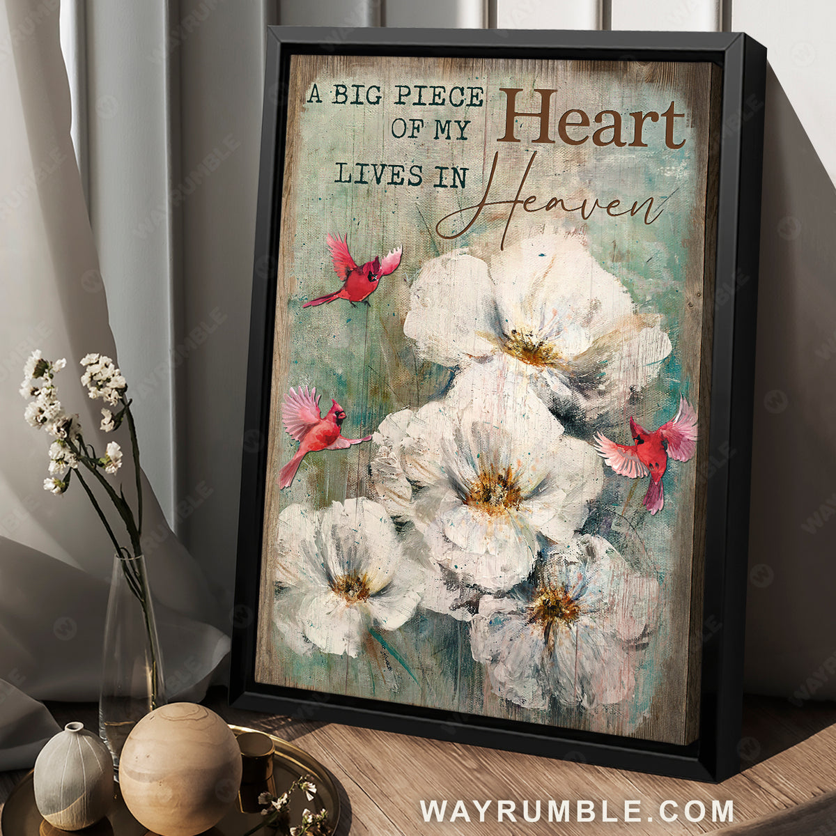 White climbing roses, Red cardinal, A big piece of my heart lives in heaven - Jesus Portrait Canvas Prints, Wall Art