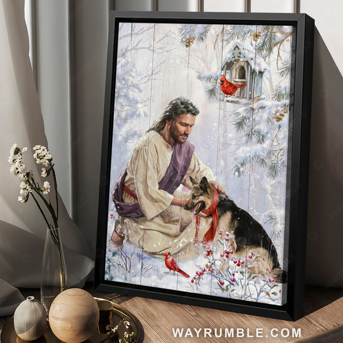 Frozen cranberry forest, German Shepherd dog, Walking with Jesus - Jesus Portrait Canvas Prints, Home Decor Wall Art