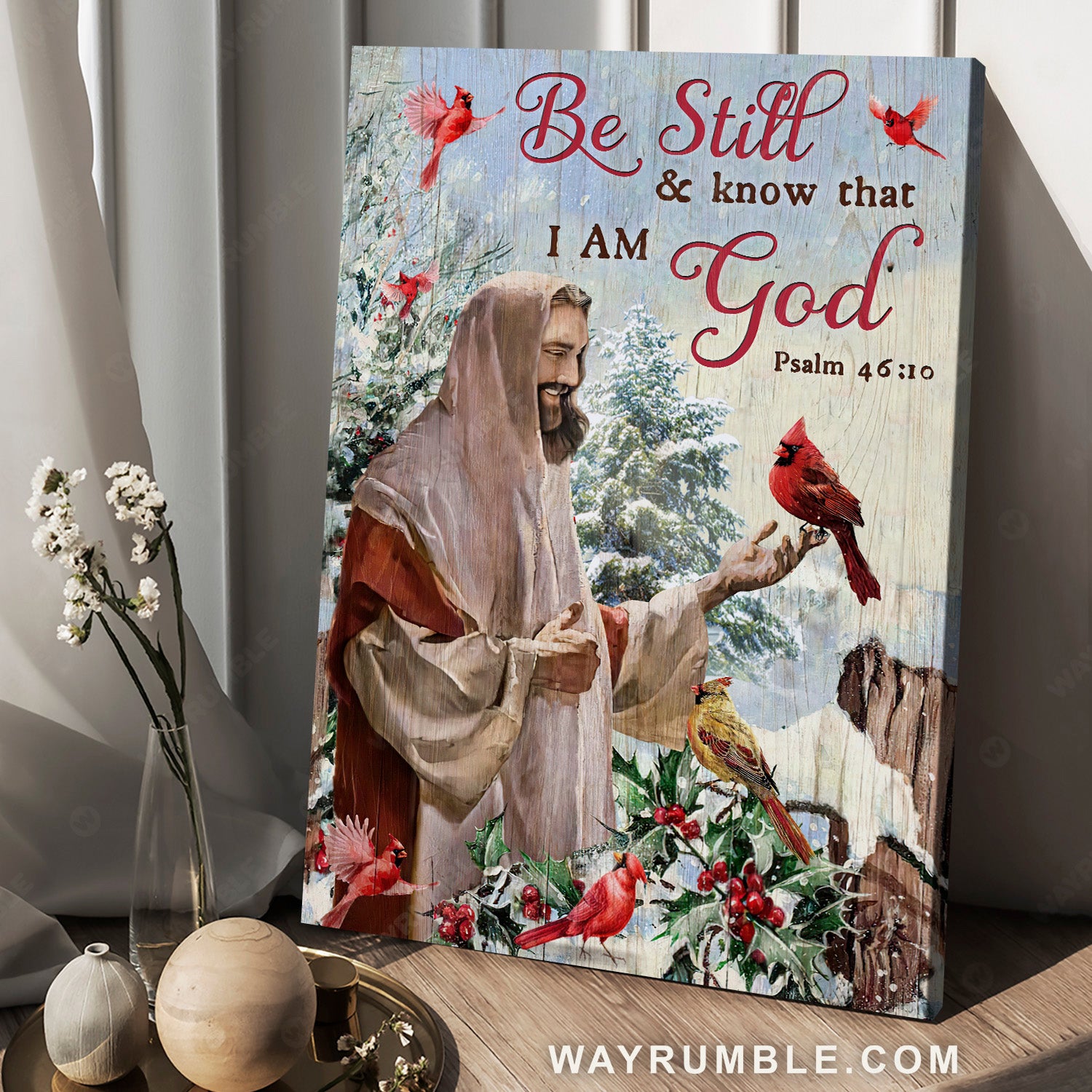 Happy Jesus drawing, Christmas vibe, Cardinal, Be still and know that I am God - Jesus Portrait Canvas Prints, Home Decor Wall Art