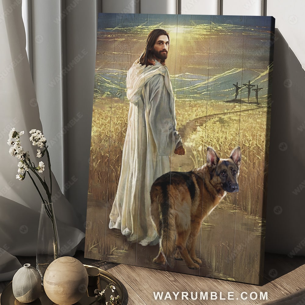 Walking with Jesus, Rice field, German shepherd dog, Sunny day - Jesus Portrait Canvas Prints, Christian Wall Art