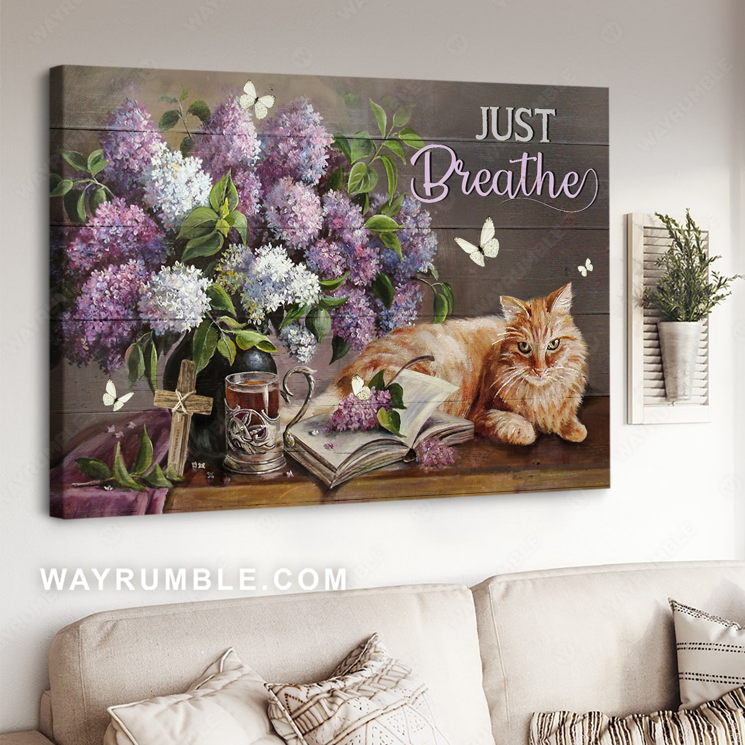 Purple hydrangea vase, Pretty cat, Coffee cup, Just breathe - Jesus Landscape Canvas Prints, Christian Wall Art