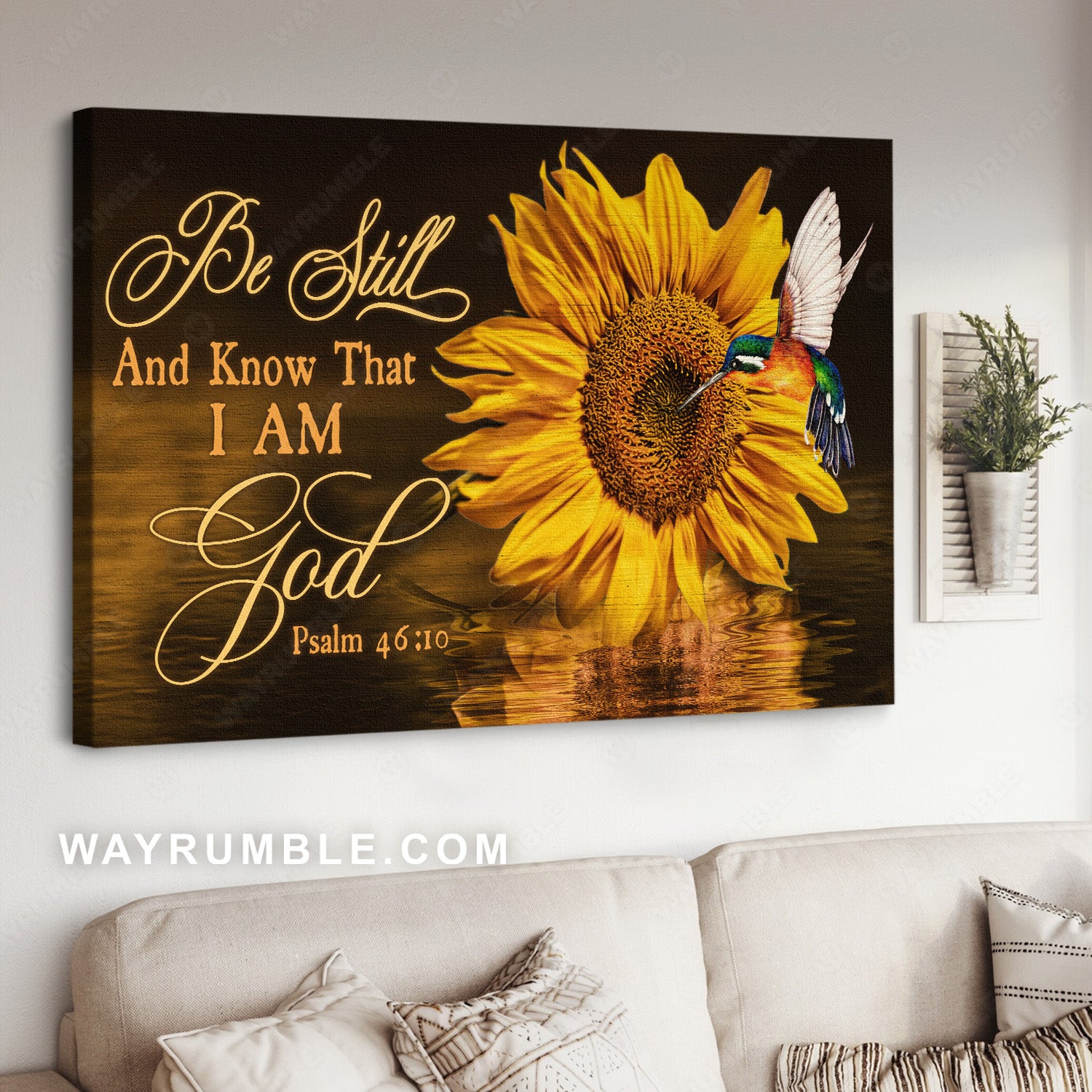 Brilliant sunflower, Big hummingbird, Be still and know that I am God - Jesus Landscape Canvas Prints, Home Decor Wall Art