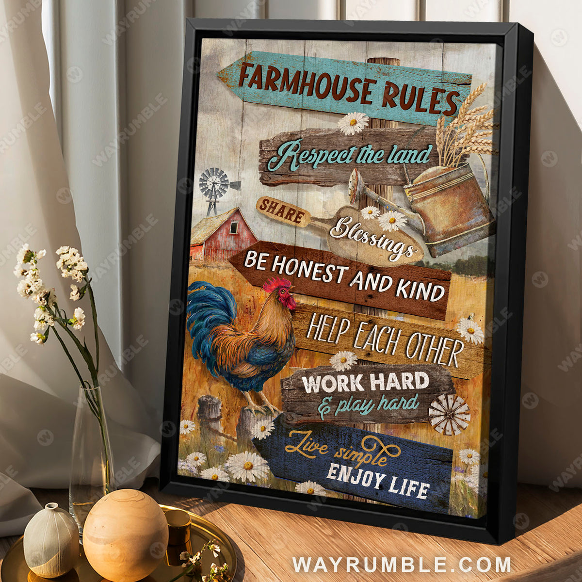 Rooster painting, Daisy flower, Rice field, Farmhouse rules - Jesus Portrait Canvas Prints, Christian Wall Art