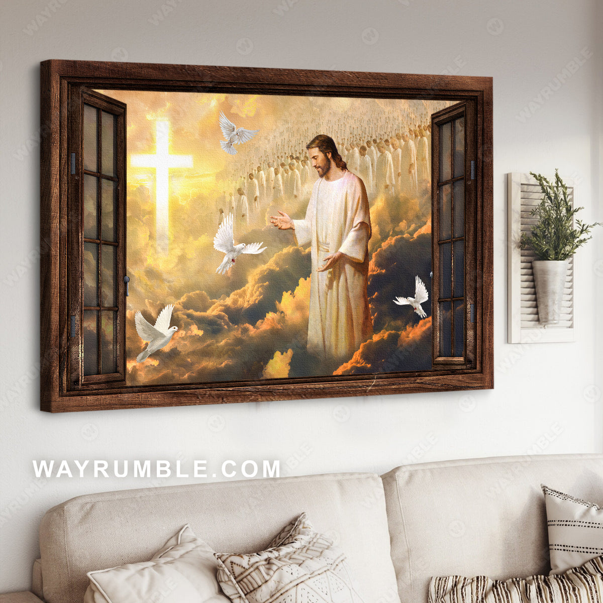 Walking with Jesus, White dove, Beautiful heaven, Cross symbol - Jesus Landscape Canvas Prints, Christian Wall Art