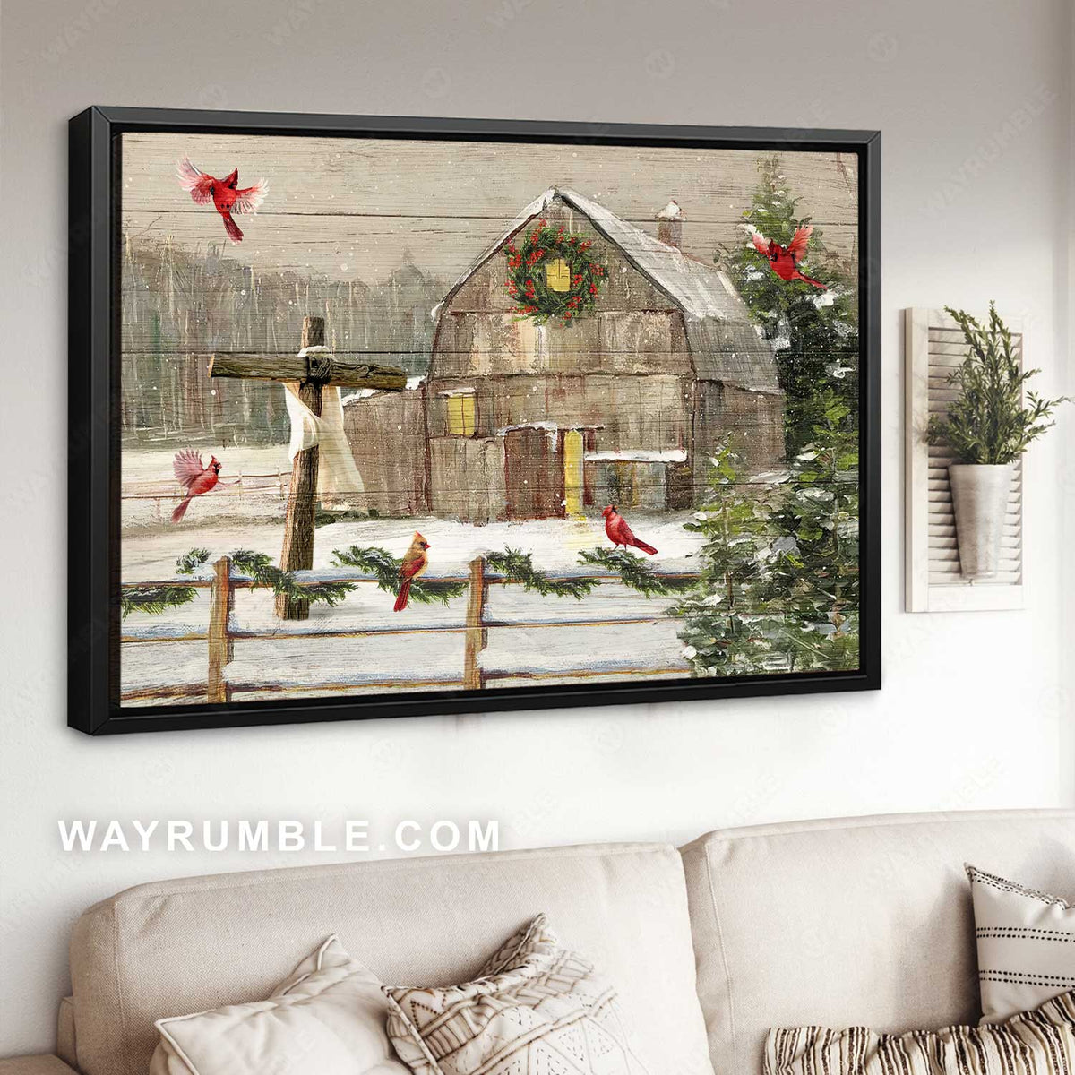 Antique house, Christmas wreath, Red cardinal, Winter painting - Jesus Landscape Canvas Prints, Home Decor Wall Art