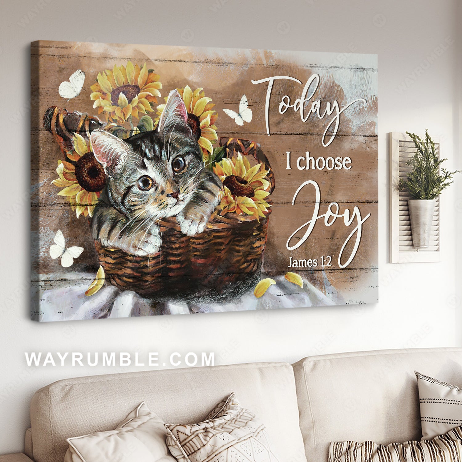 Brown cat, Bamboo basket, Sunflower vase, Today I choose joy - Jesus Landscape Canvas Prints, Christian Wall Art