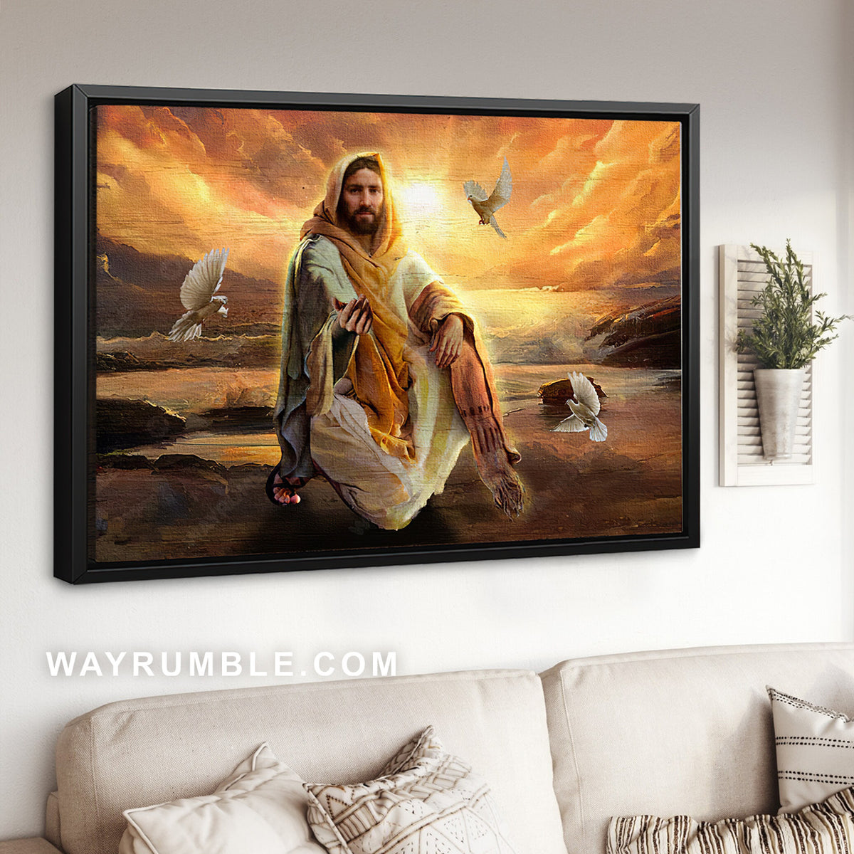 Walking with Jesus, White dove, Beautiful sunset - Jesus Landscape Canvas Prints, Christian Wall Art