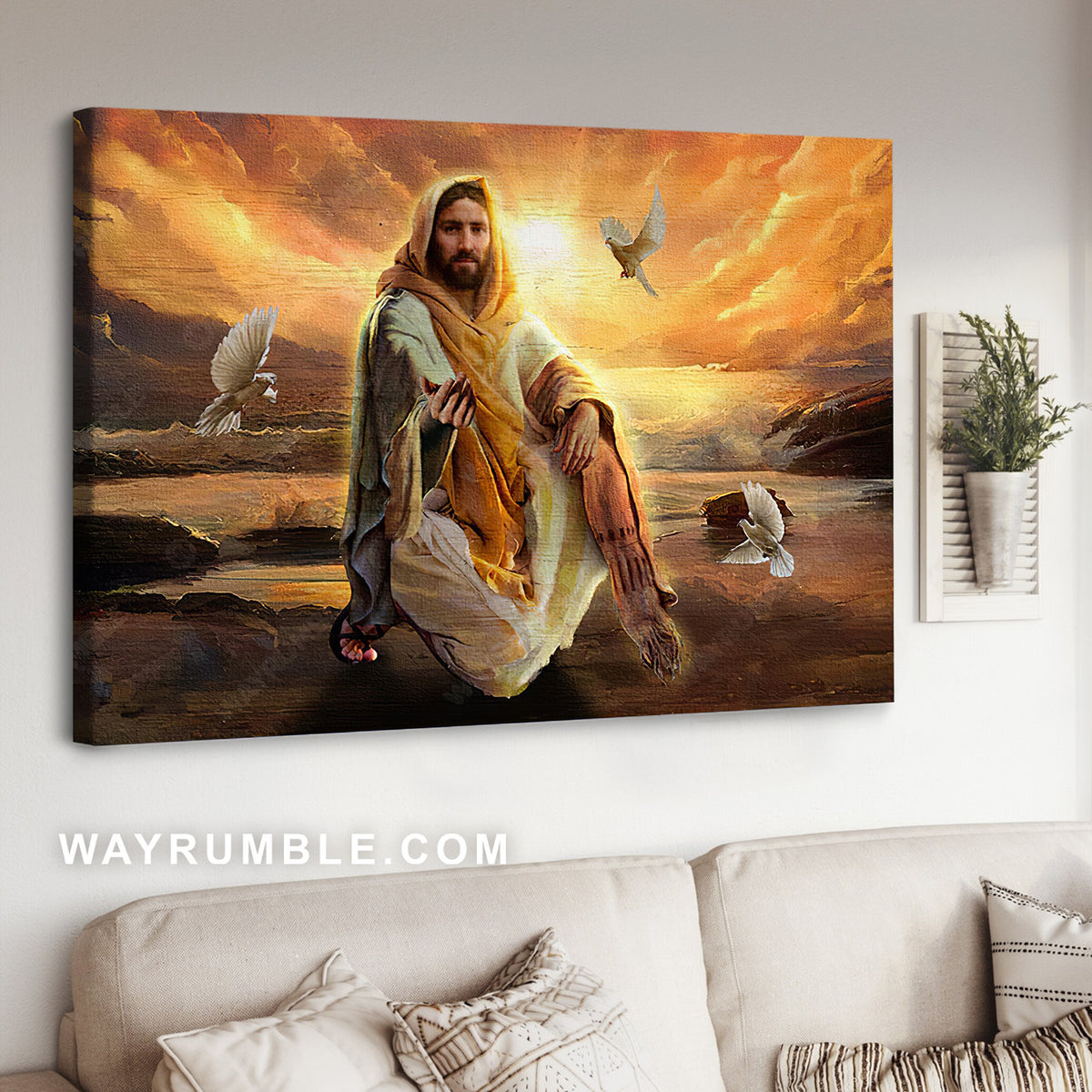 Walking with Jesus, White dove, Beautiful sunset - Jesus Landscape Canvas Prints, Christian Wall Art