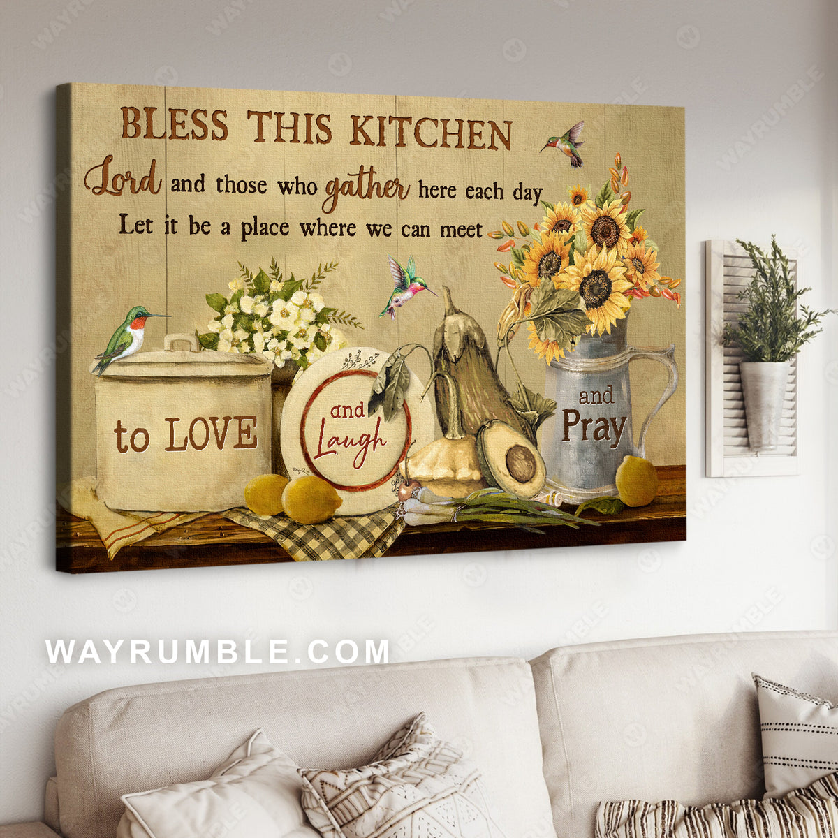 Vintage kitchen, Sunflower vase, Jasmine flower, Bless this kitchen - Jesus Landscape Canvas Prints, Christian Wall Art