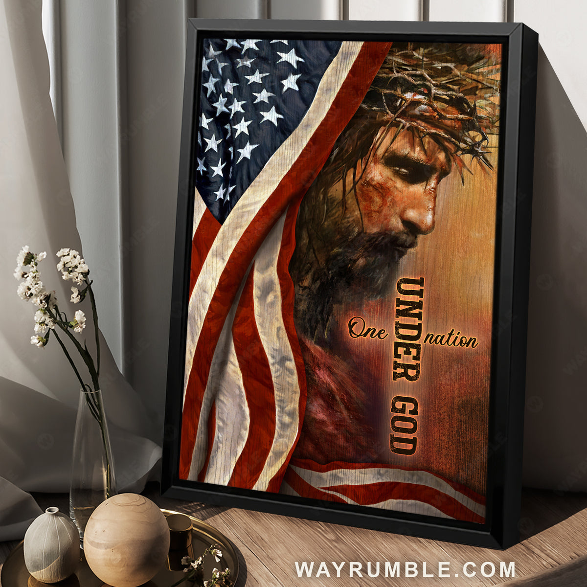 The face of Jesus, US flag drawing, Crown, One nation under God - Jesus Portrait Canvas Prints, Christian Wall Art