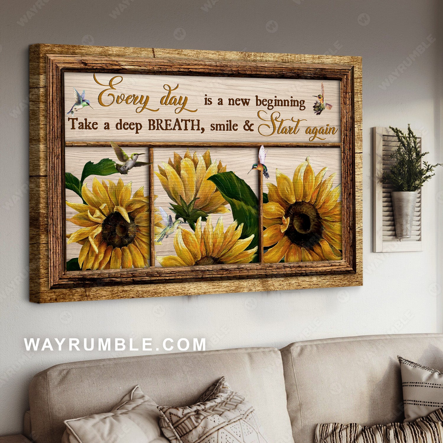 Watercolor sunflower field, Cute hummingbird, Every day is a new beginning - Jesus Landscape Canvas Prints, Home Decor Wall Art