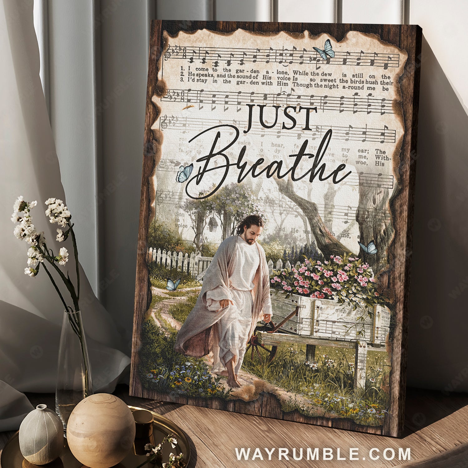 Antique music sheet, Walking with Jesus, Pretty flower garden, Just breathe - Jesus Portrait Canvas Prints, Home Decor Wall Art