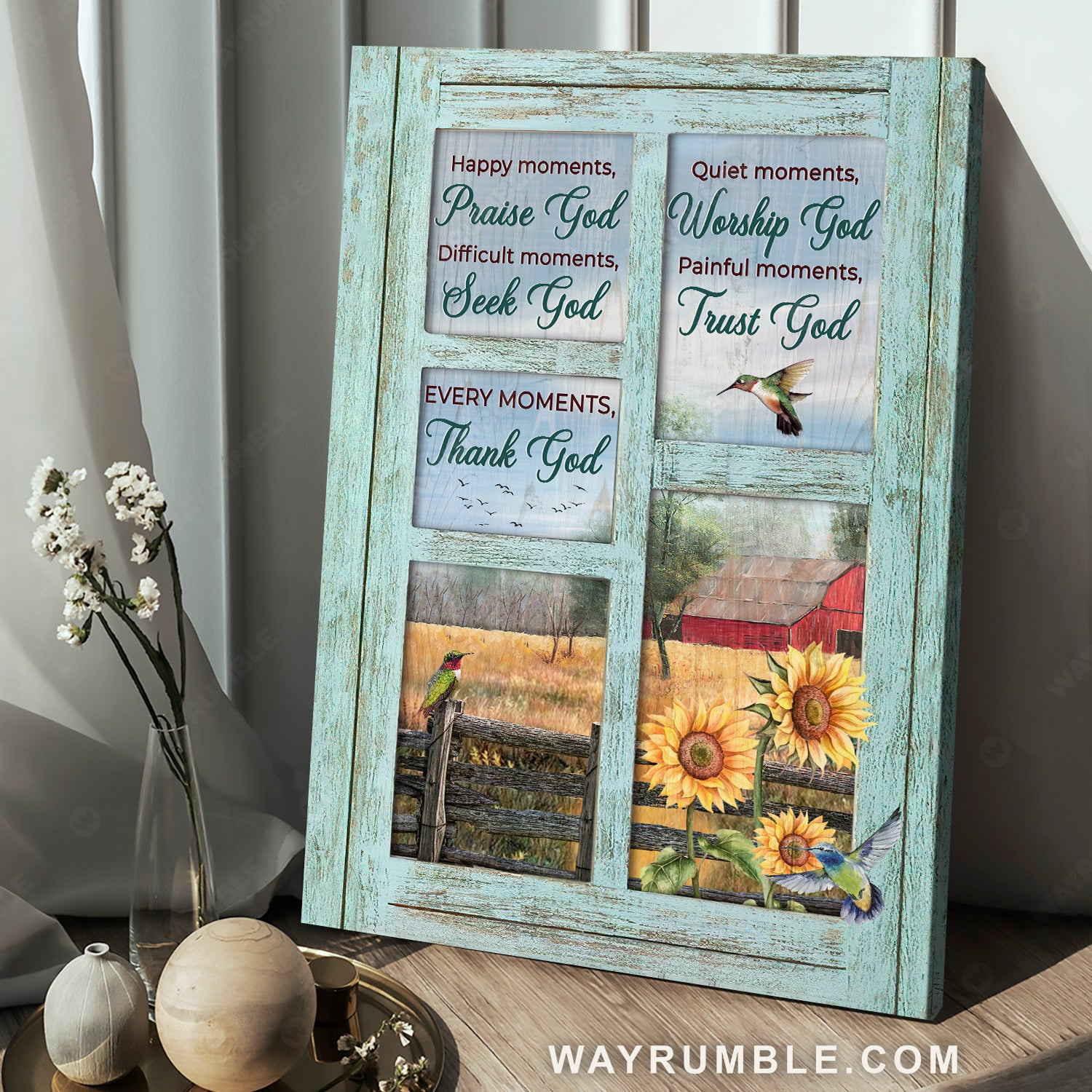 Beautiful window, Peace farm, Cute hummingbird, Every moments, Thank God - Jesus Portrait Canvas Prints, Home Decor Wall Art