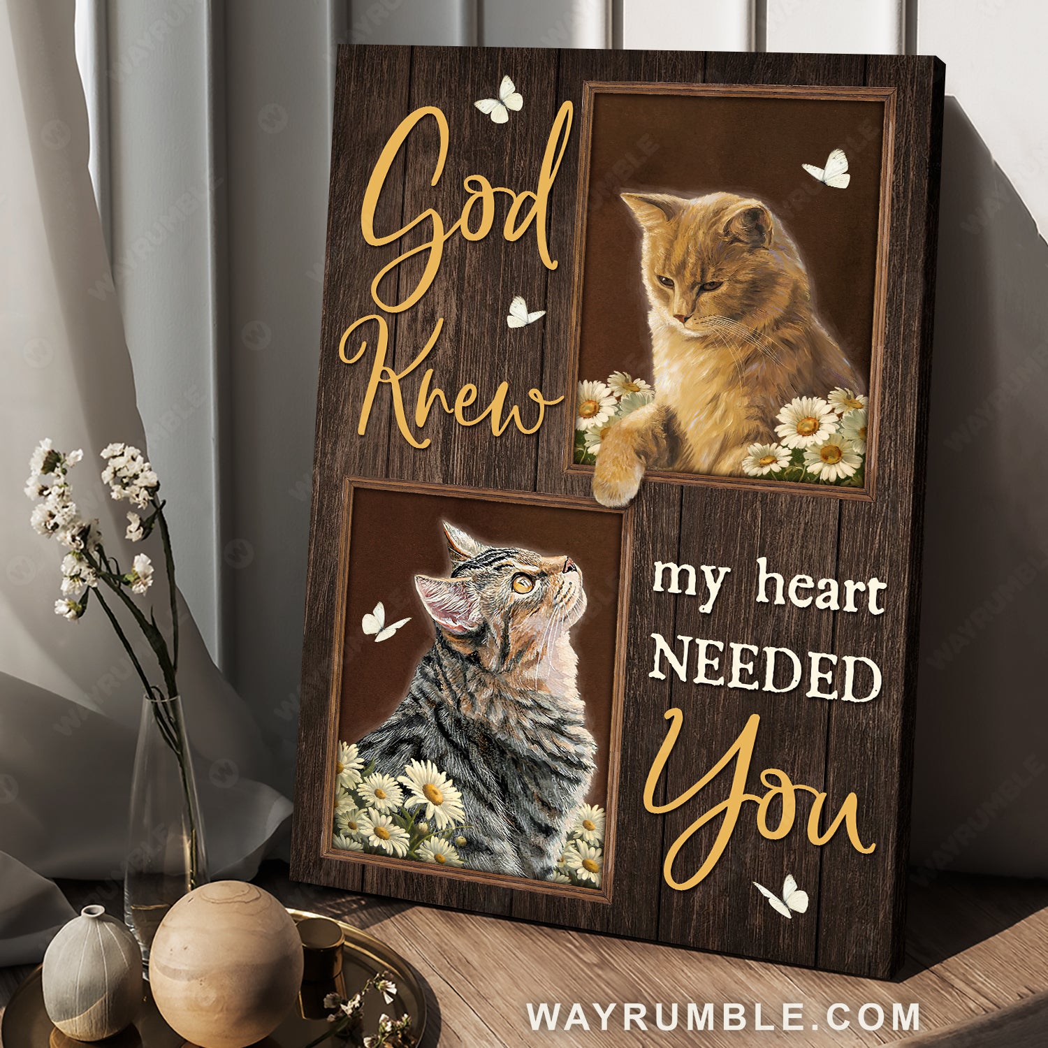 Cute cat drawing, Watercolor daisy, God knew my heart needed you - Jesus Portrait Canvas Prints, Christian Wall Art