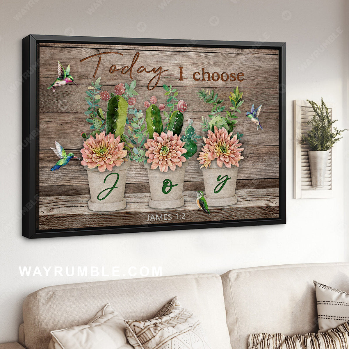 Cute cactus, Pink flower, Colorful hummingbird, Today I choose joy - Jesus Landscape Canvas Prints, Christian Wall Art