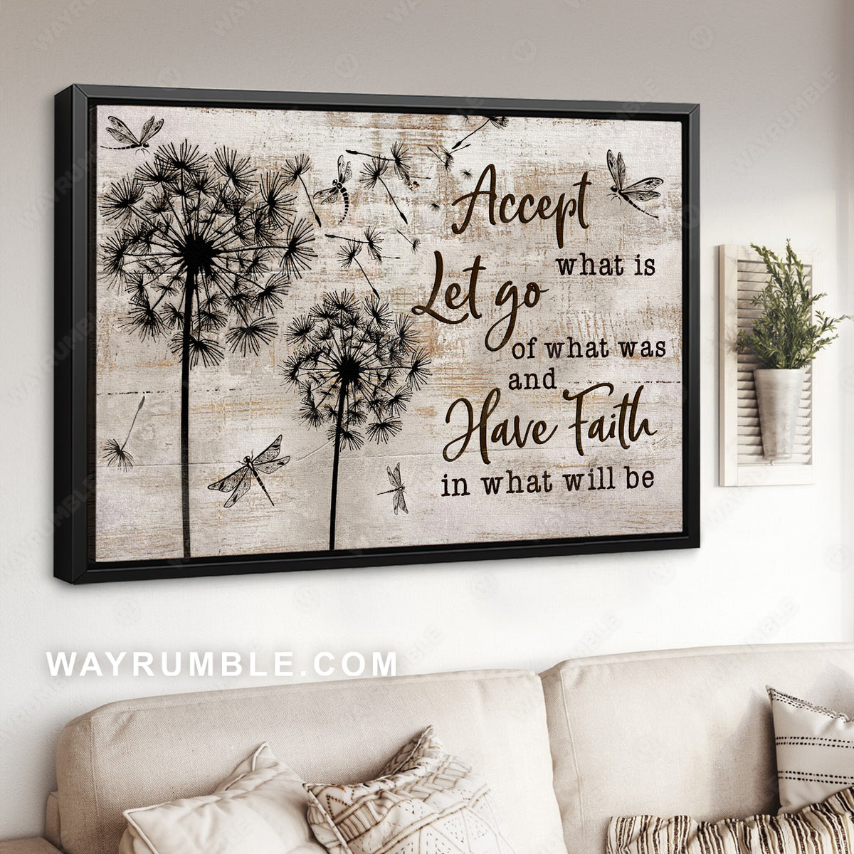 Dandelion field, Black and white painting, Accept what is let go - Jesus Landscape Canvas Prints, Christian Wall Art