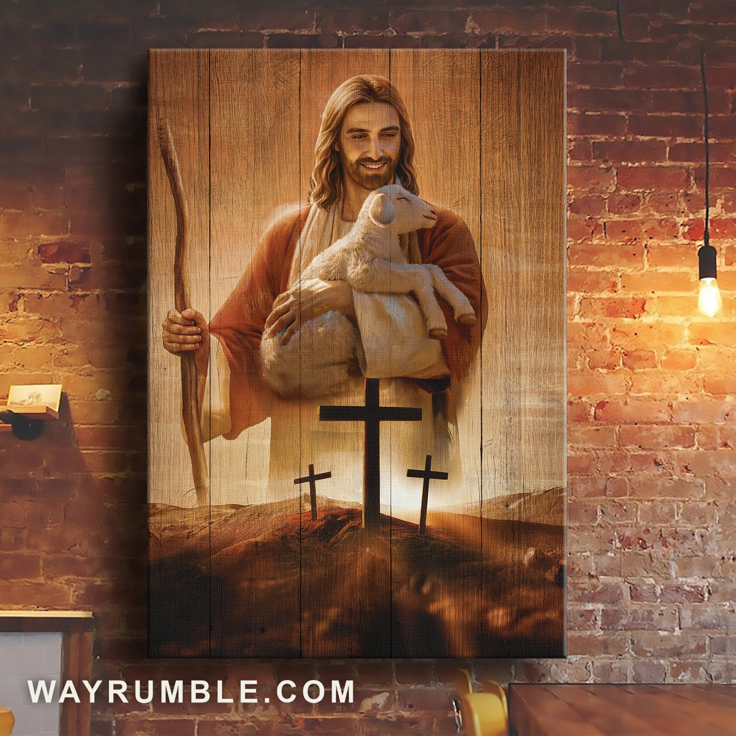 Happy sunset, Lamb of God, The world in his arm, Cross symbol - Jesus Portrait Canvas Prints, Home Decor Wall Art