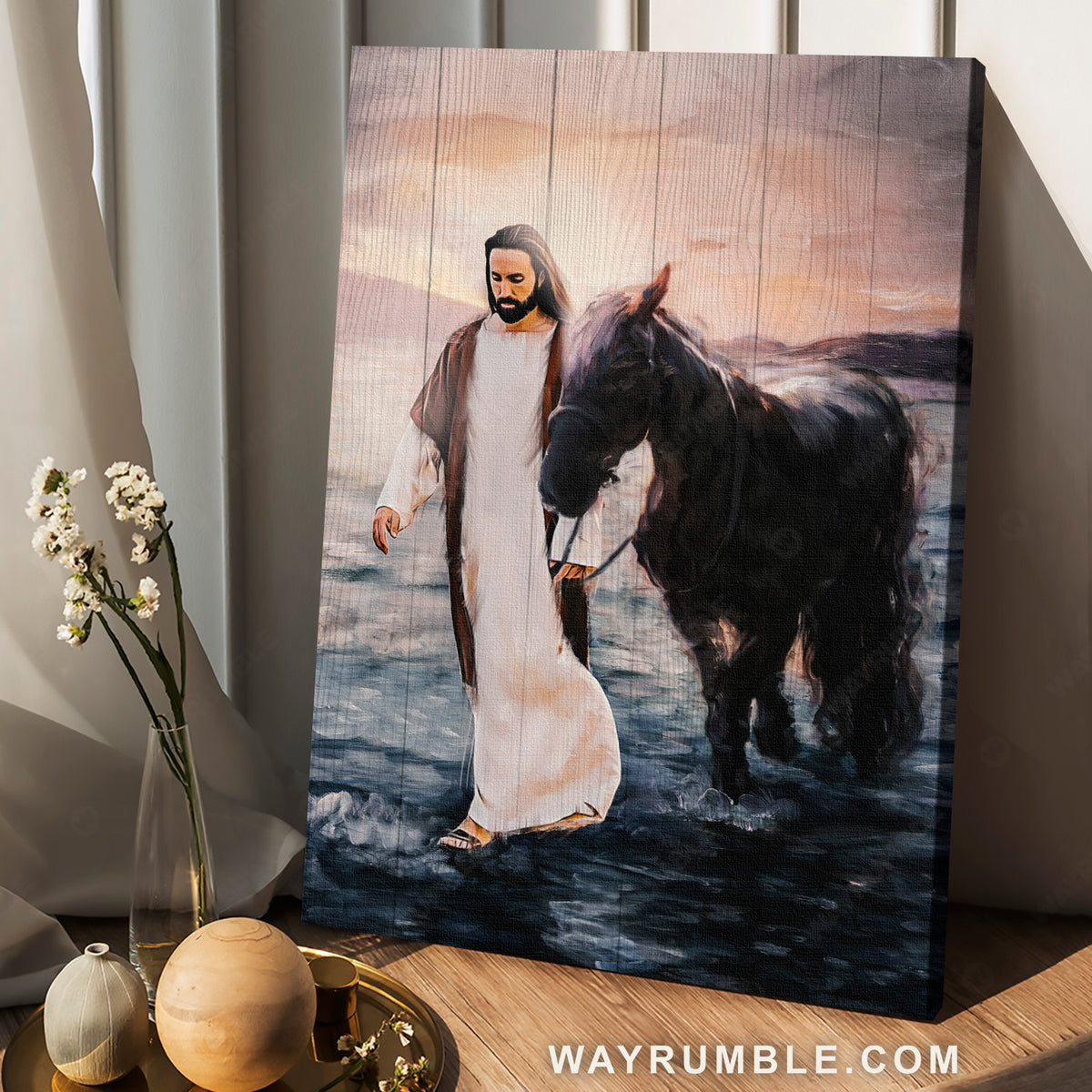 Walking with Jesus, Stunning black horse, Jesus walking on water - Jesus Portrait Canvas Prints, Home Decor Wall Art