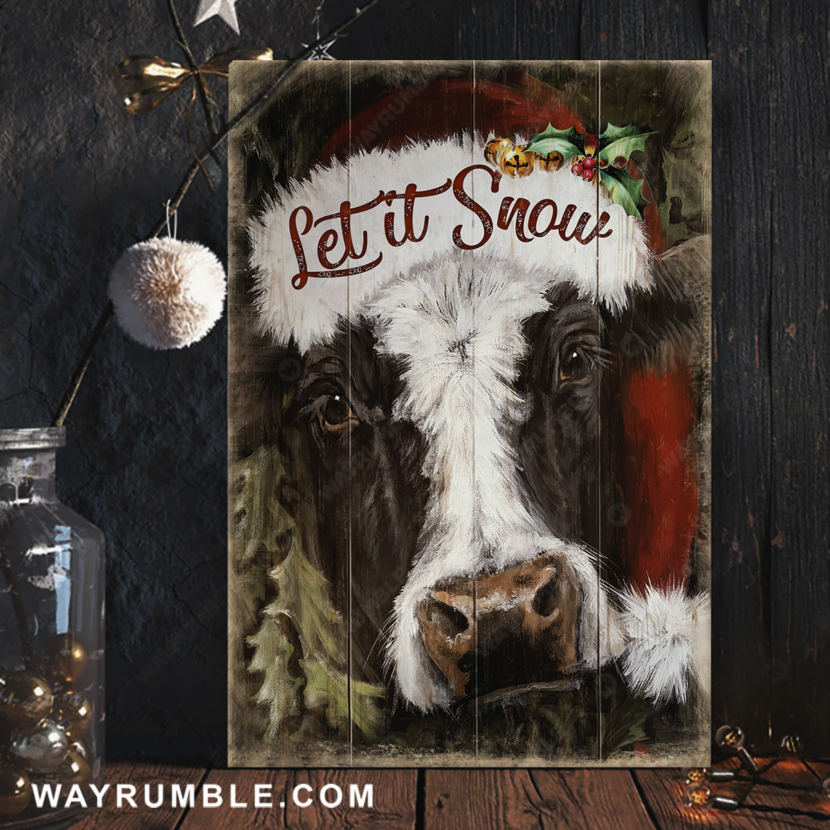 Stunning dairy cow, Christmas hat, Animal painting, Let is snow - Jesus Portrait Canvas Prints, Home Decor Wall Art