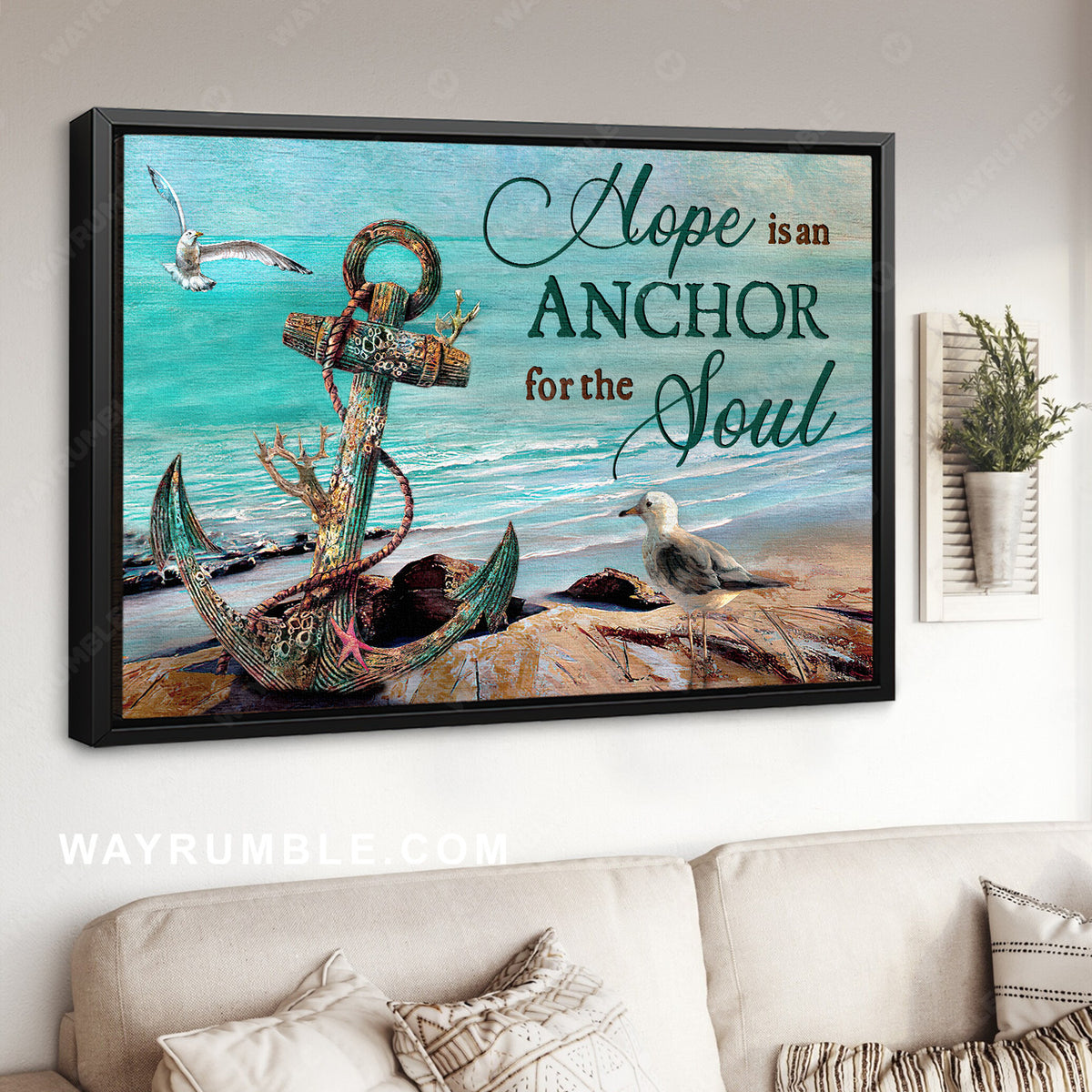 Antique anchor, Brilliant ocean, Seagull, Hope is an anchor for the soul - Jesus Landscape Canvas Prints, Christian Wall Art