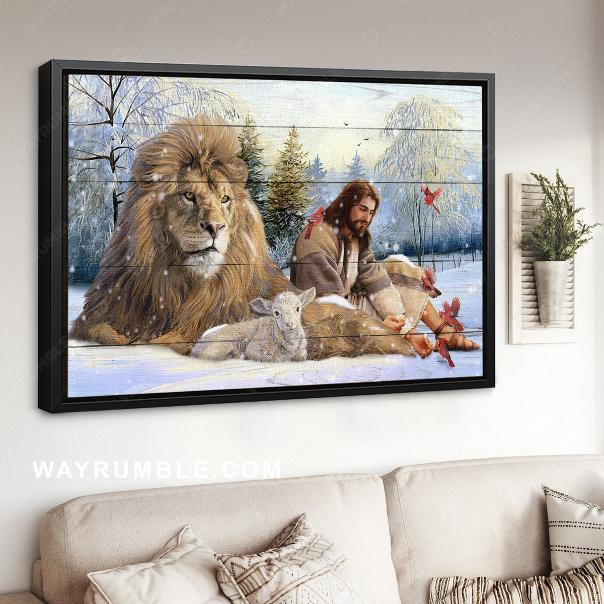 Pretty forest, Happy Jesus, Stunning lion of Judah, Winter painting - Jesus Landscape Canvas Prints, Home Decor Wall Art