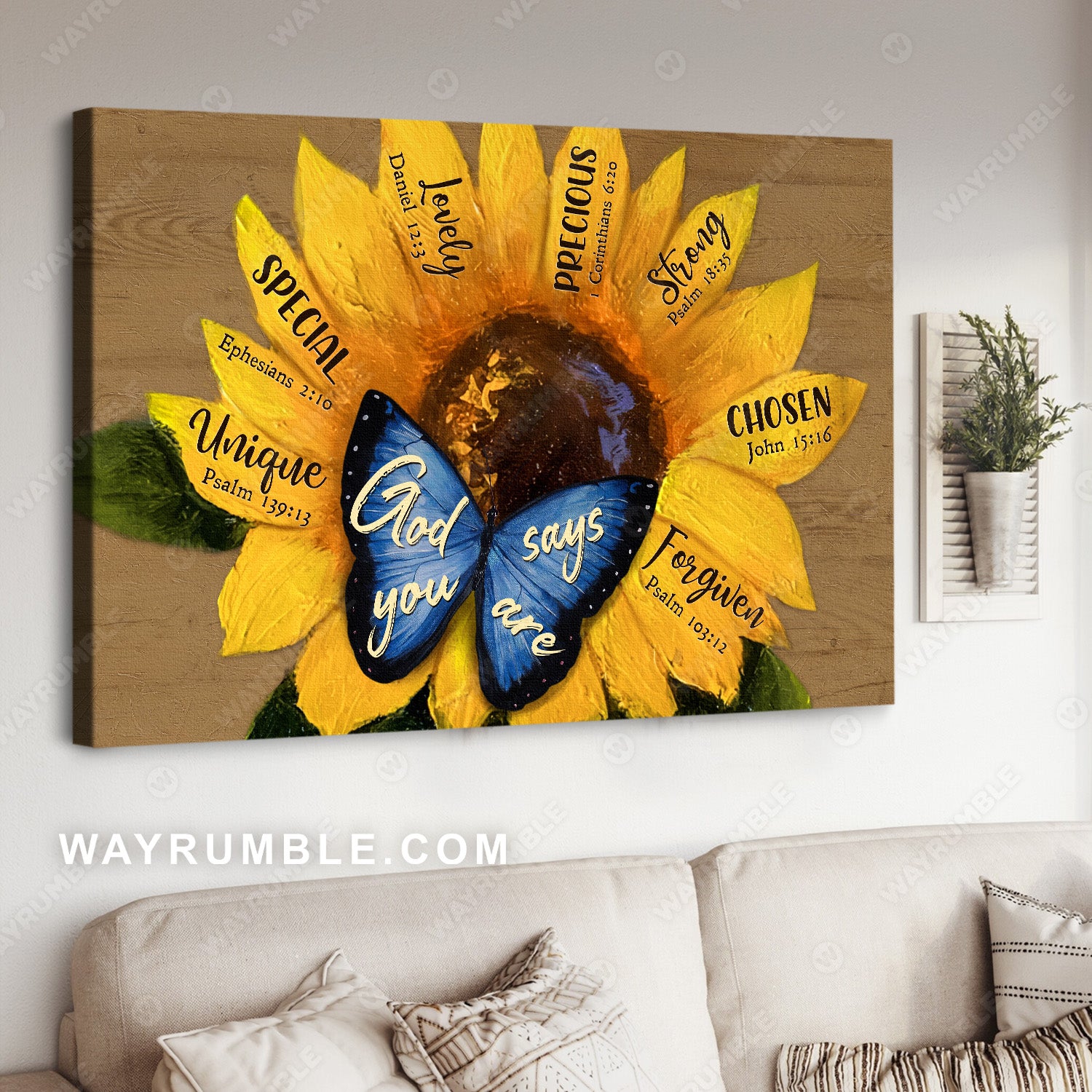 Watercolor sunflower, Blue butterfly, God says you are unique - Jesus Landscape Canvas Prints, Christian Wall Art