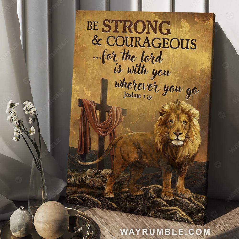 Lion of Judah, Dark yellow sunset, Cross symbol, Be strong and courageous - Jesus Portrait Canvas Prints, Christian Wall Art