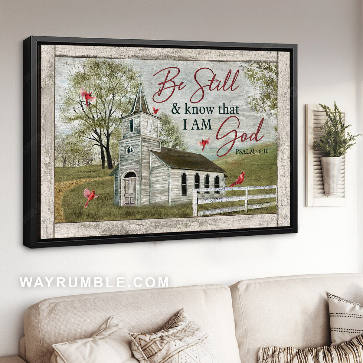 White church, Green meadow land, Cardinal, Be still and know that I am God - Jesus Landscape Canvas Prints, Christian Wall Art
