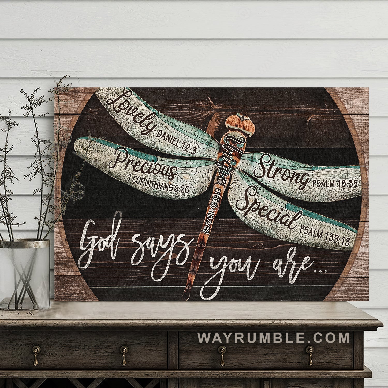 Pretty dragonfly, Wooden background, God says you are unique - Jesus Landscape Canvas Prints, Home Decor Wall Art