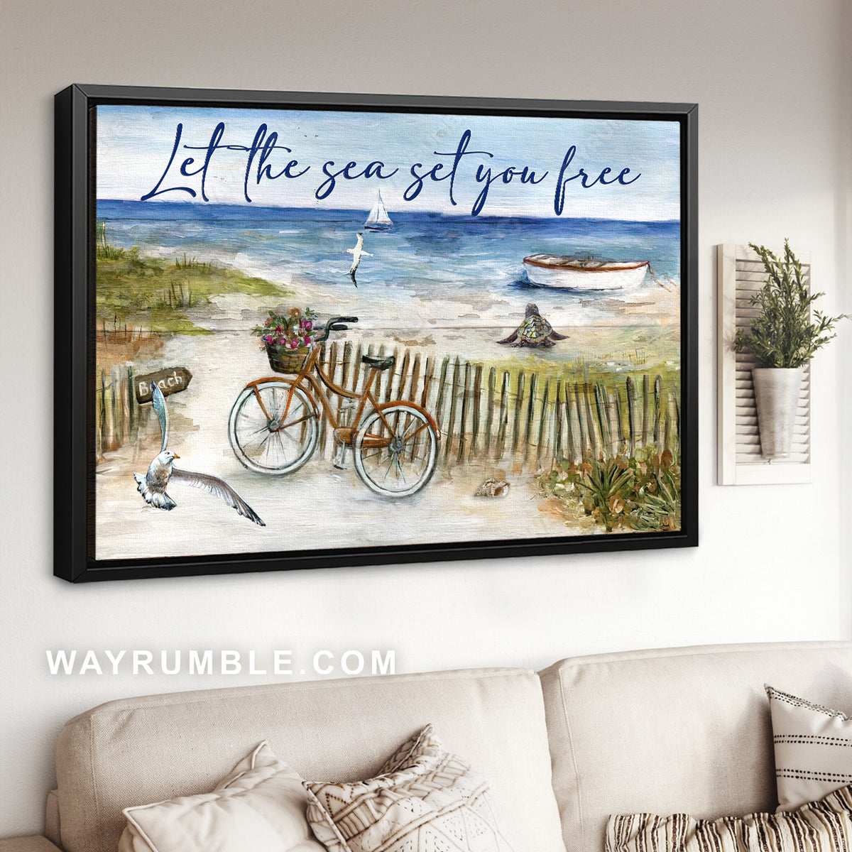 Bicycle drawing, Blue ocean painting, Seagull, Let the sea set you free - Jesus Landscape Canvas Prints, Christian Wall Art