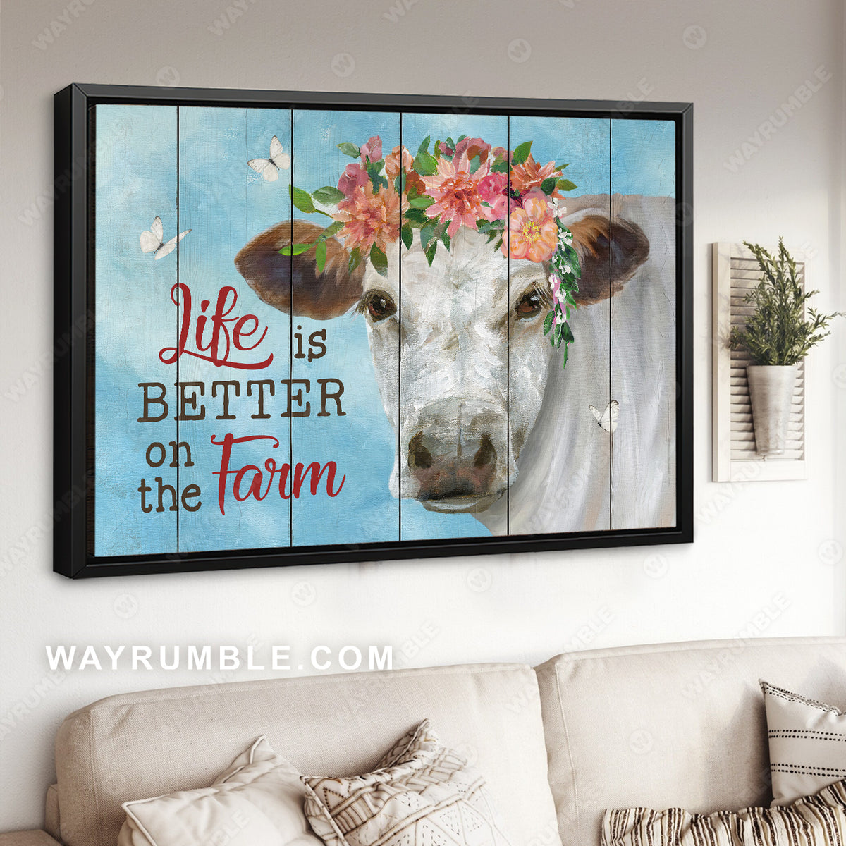 White cow, Colorful flower wreath, Blue sky, Life is better on the farm - Jesus Landscape Canvas Prints, Home Decor Wall Art