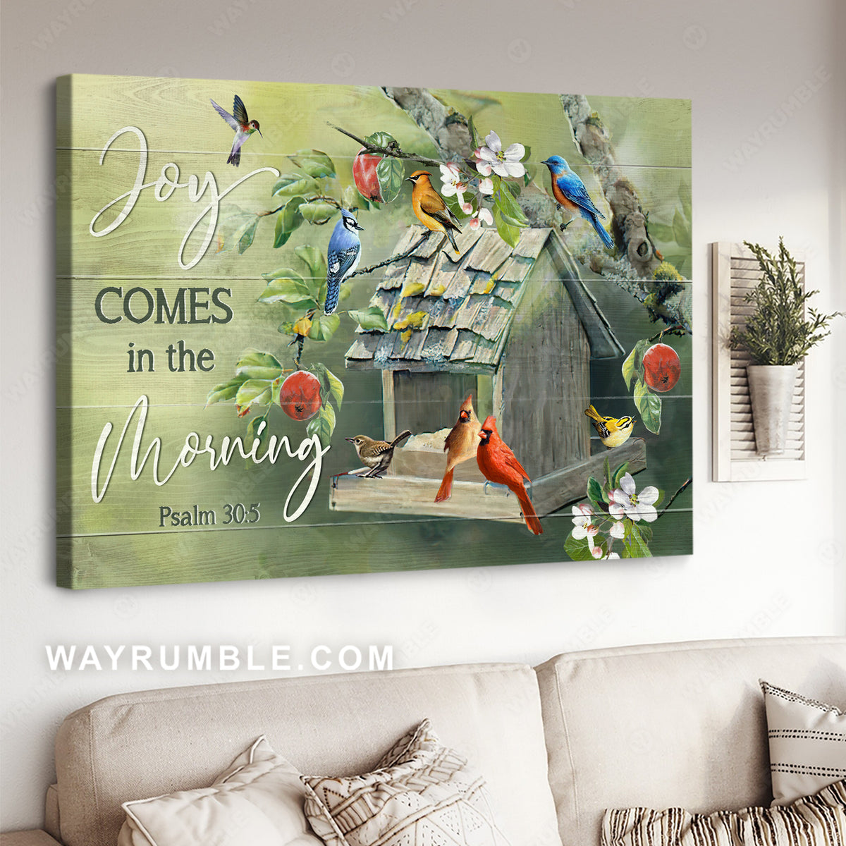 Cute birdhouse, Colorful bird drawing, Joy comes in the morning - Jesus Landscape Canvas Prints, Christian Wall Art