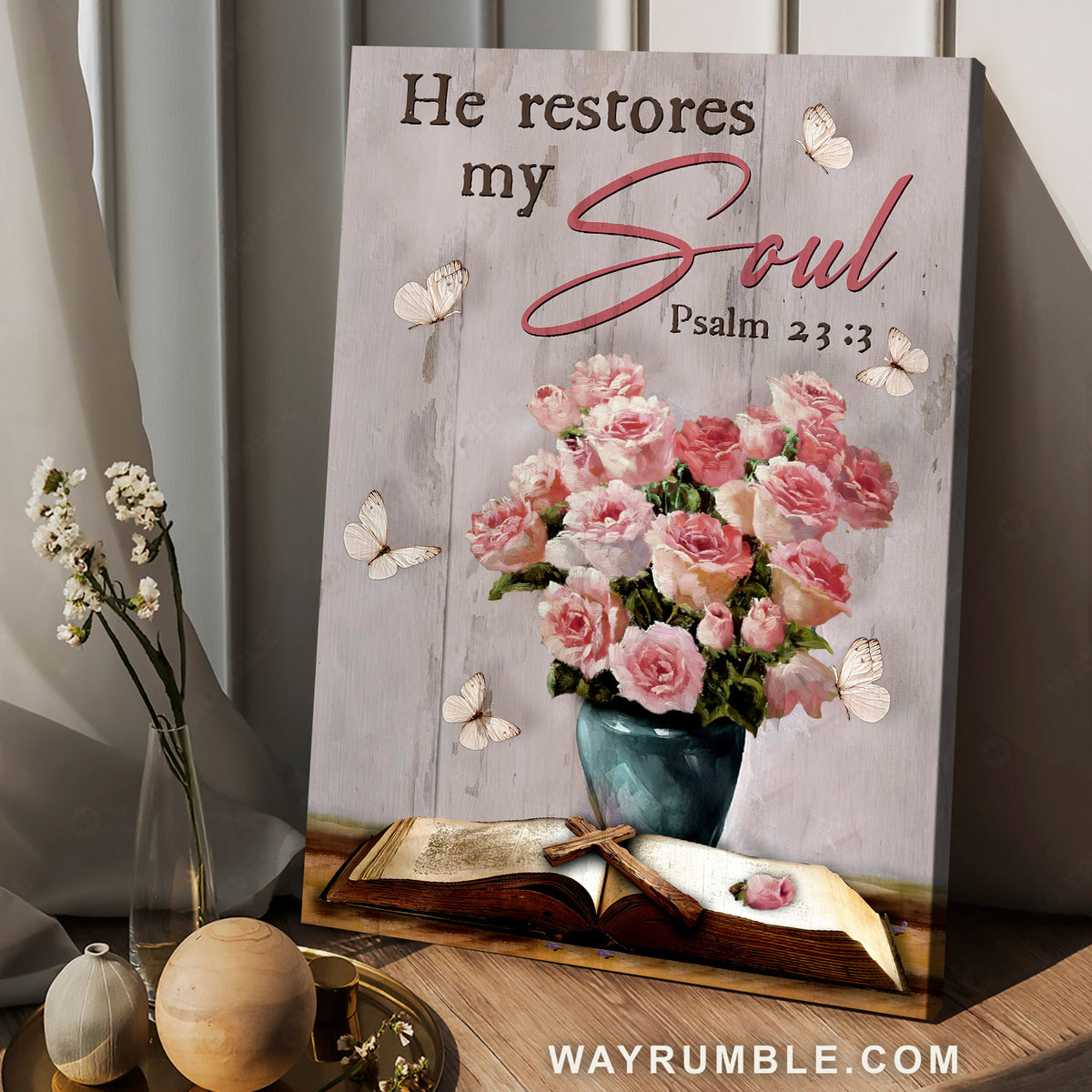 Pink rose vase, Bible painting, He restores my soul - Jesus Portrait Canvas Prints, Christian Wall Art