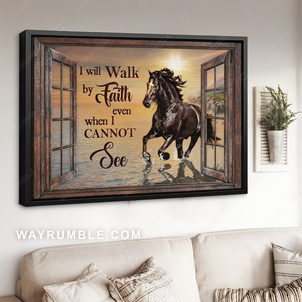 Black horse, Gift for horse lover, Pretty sunset, I will walk by faith - Jesus Landscape Canvas Prints, Christian Wall Art