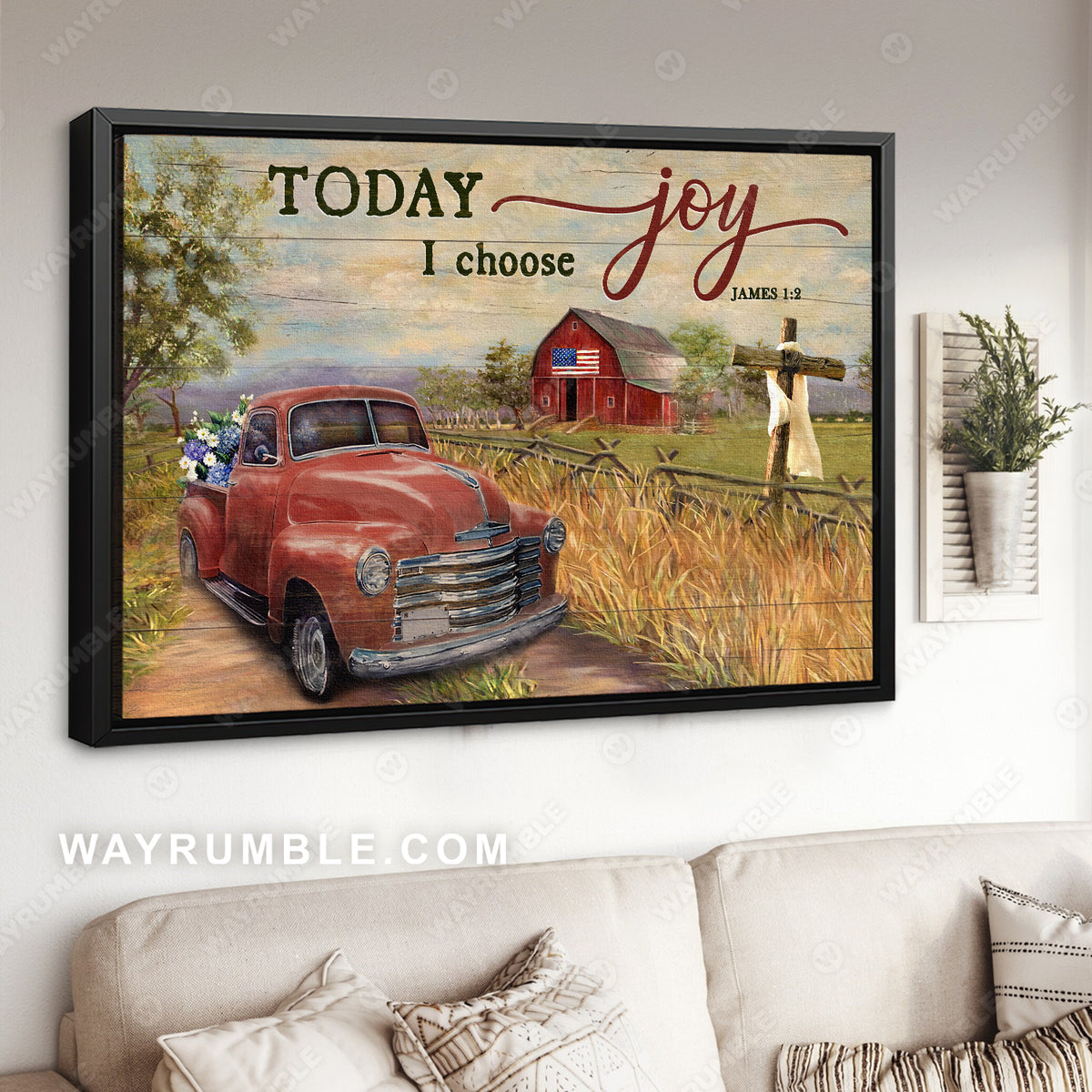 Vintage ladybug car, Beautiful farm, US flag, Today I choose joy - Jesus Landscape Canvas Prints, Christian Wall Art